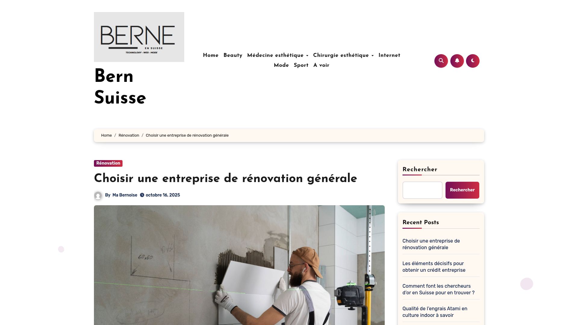 Capture d'écran du site berne.news montrant l'article sur les critères de choix d'une entreprise de rénovation générale.