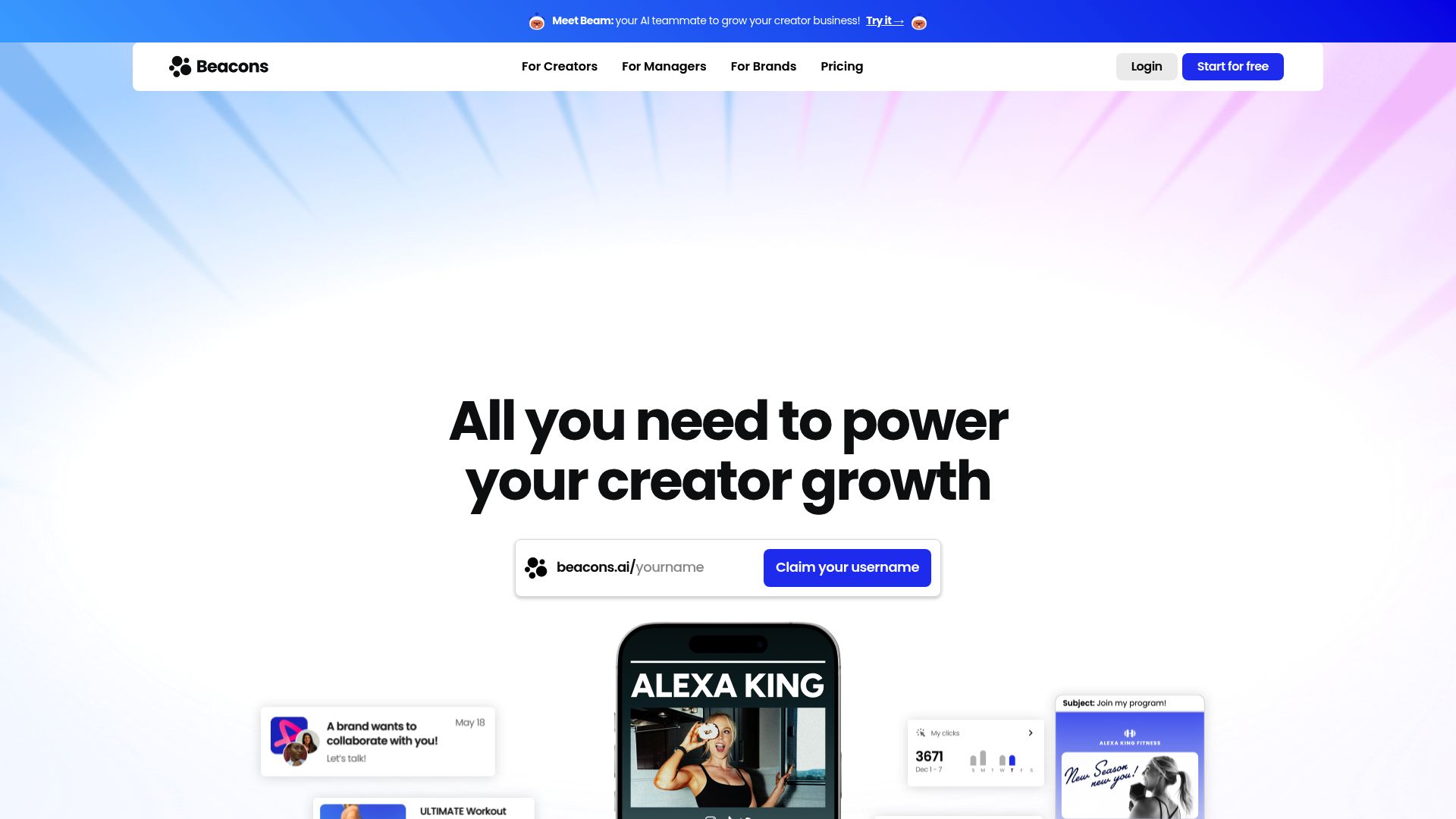 Screenshot of a Beacons AI profile showing the email collection form and video embed features