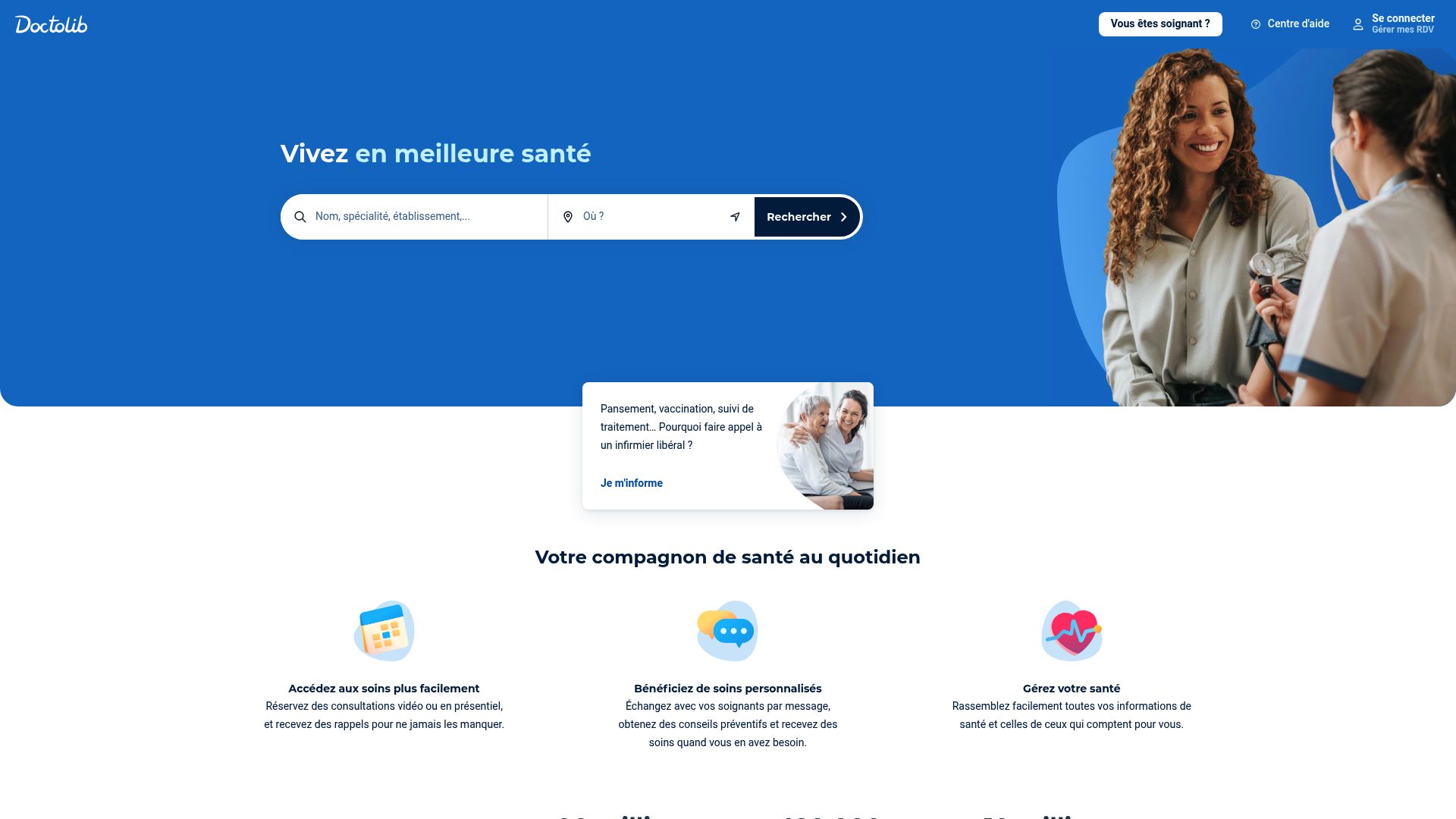 doctolib website homepage screenshot showing search bar for osteopaths offering video consultation