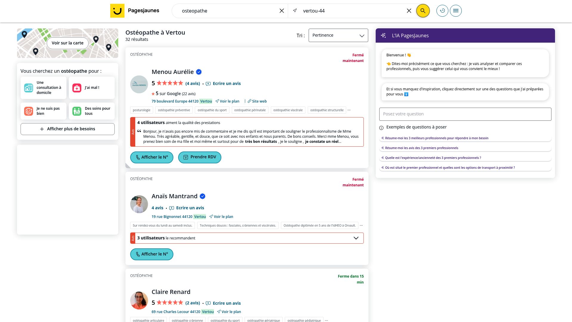 Screenshot of the PagesJaunes directory showing listing for osteopaths in Vertou to illustrate where to check reviews