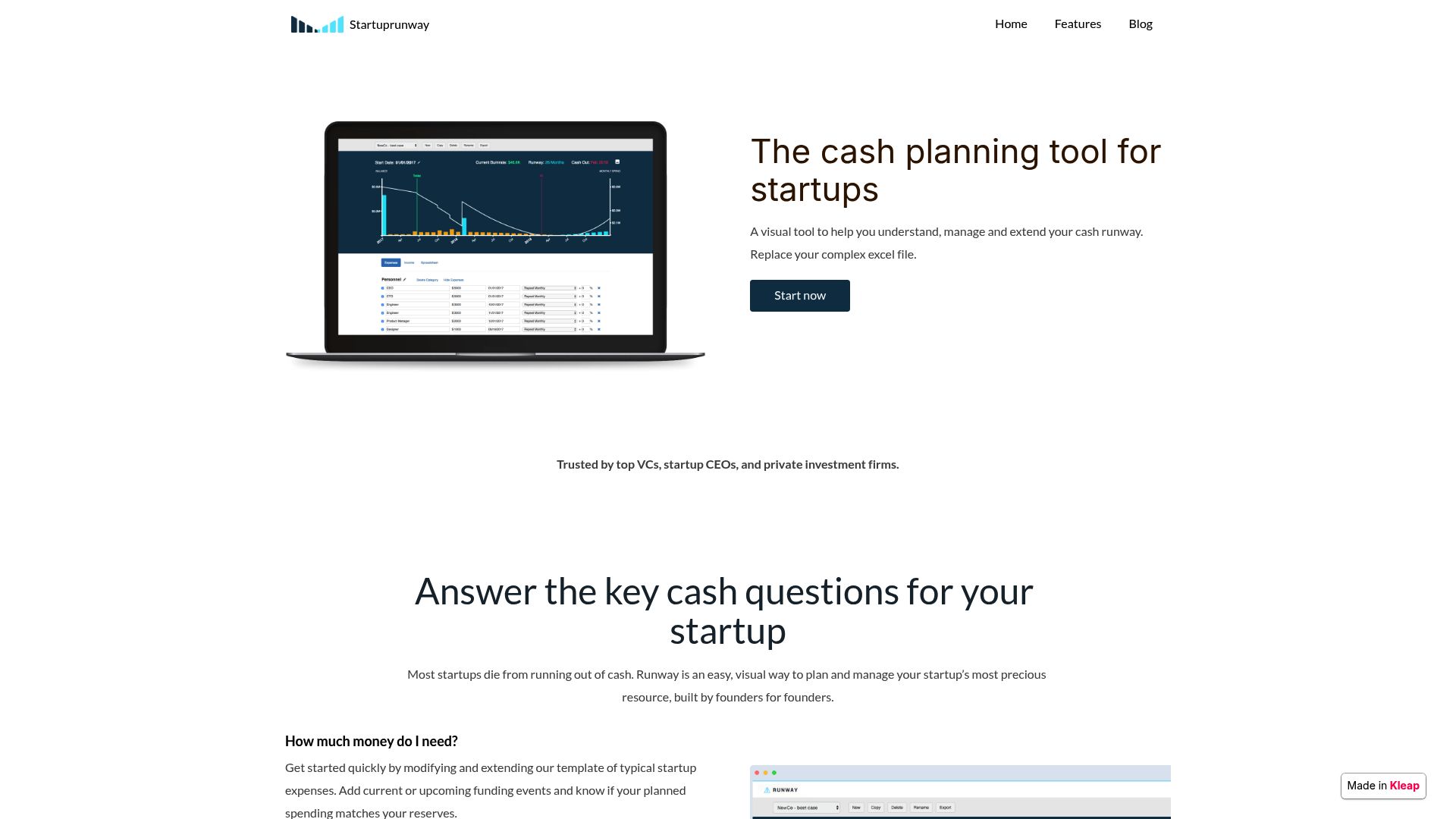 Close up of computer screen showing StartupRunway.ai interface with growth scenario graphs