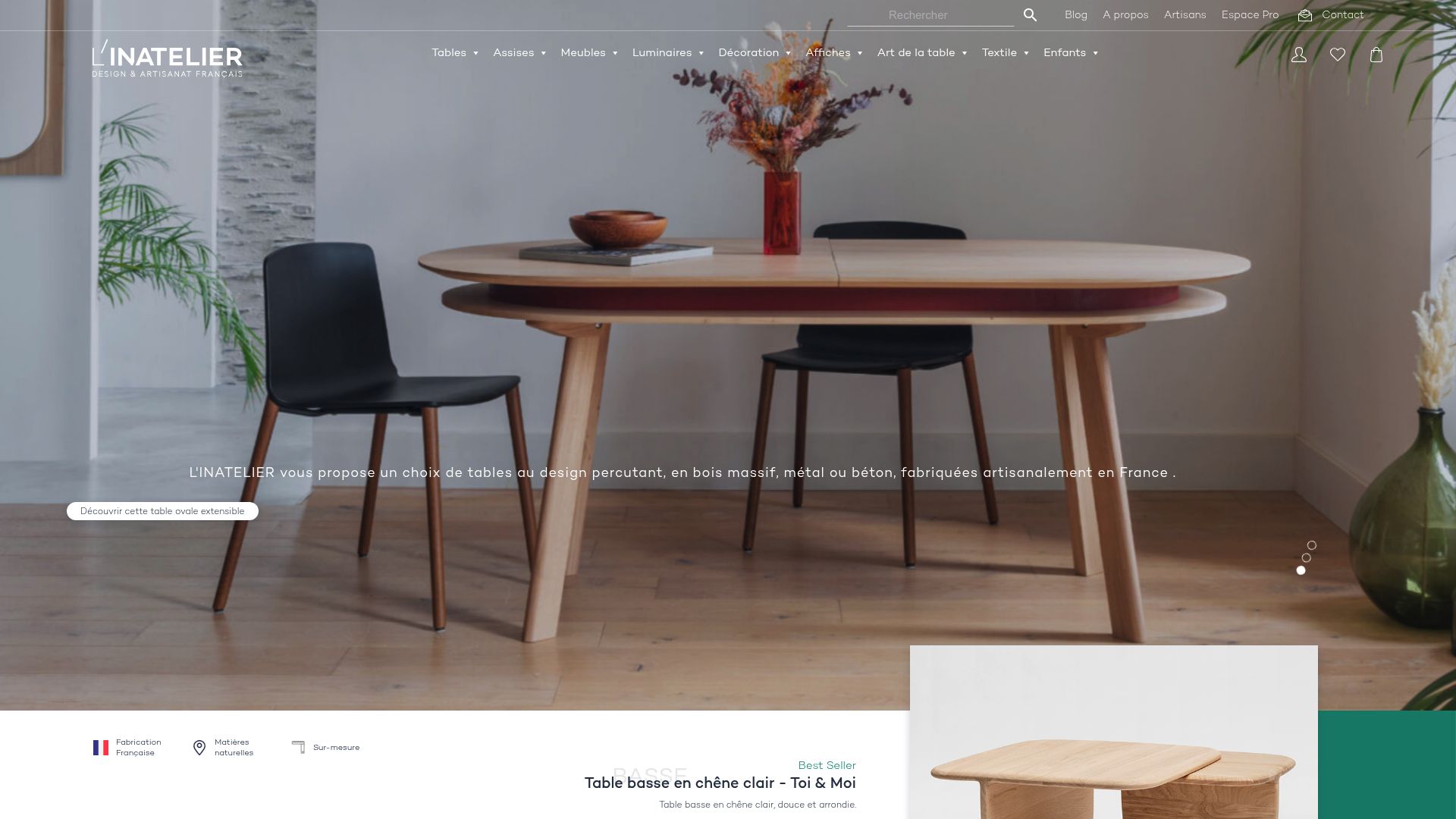 Screenshot of L'Inatelier website homepage showcasing french handcrafted furniture and interior design objects