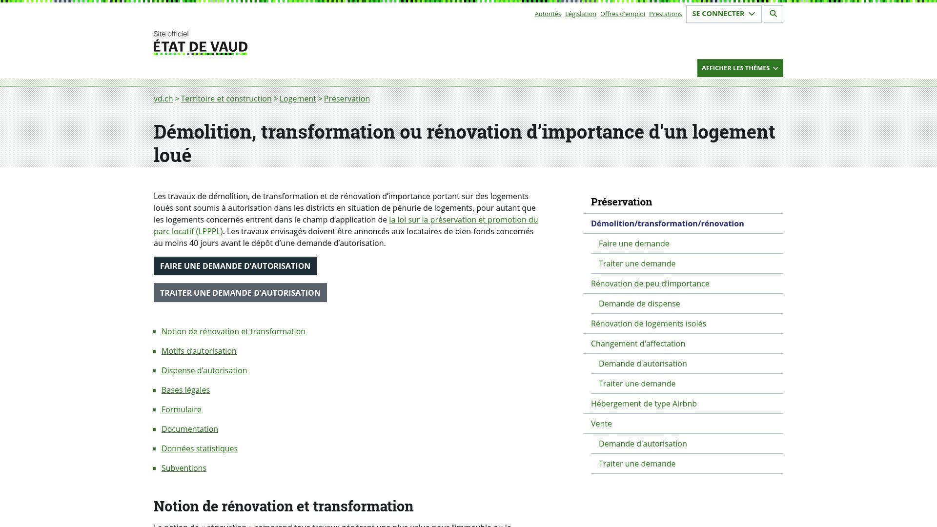 Screenshot of the Vaud canton page explaining renovation definition