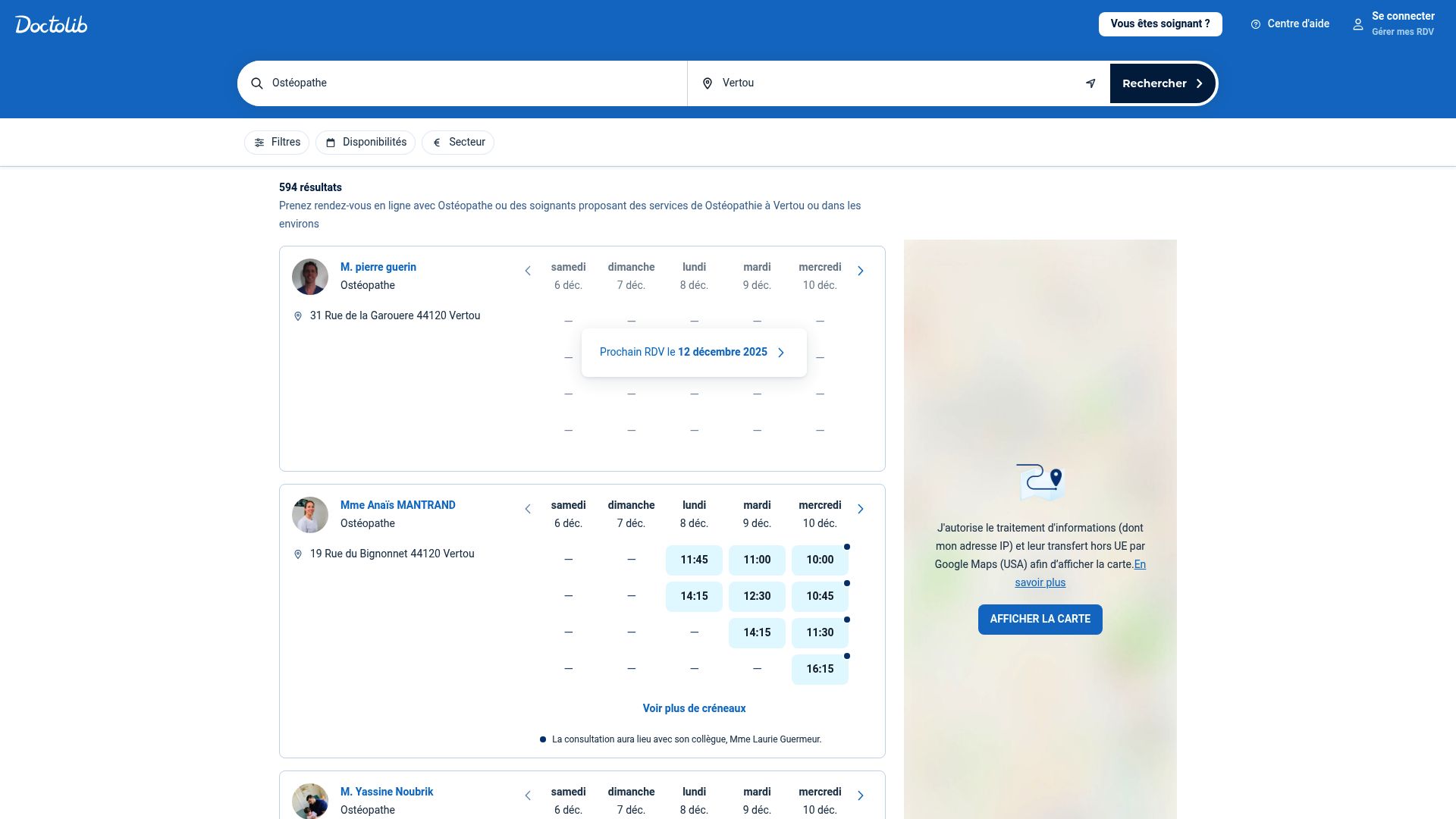 Screenshot of Doctolib search results for osteopaths in Vertou showing availability filters