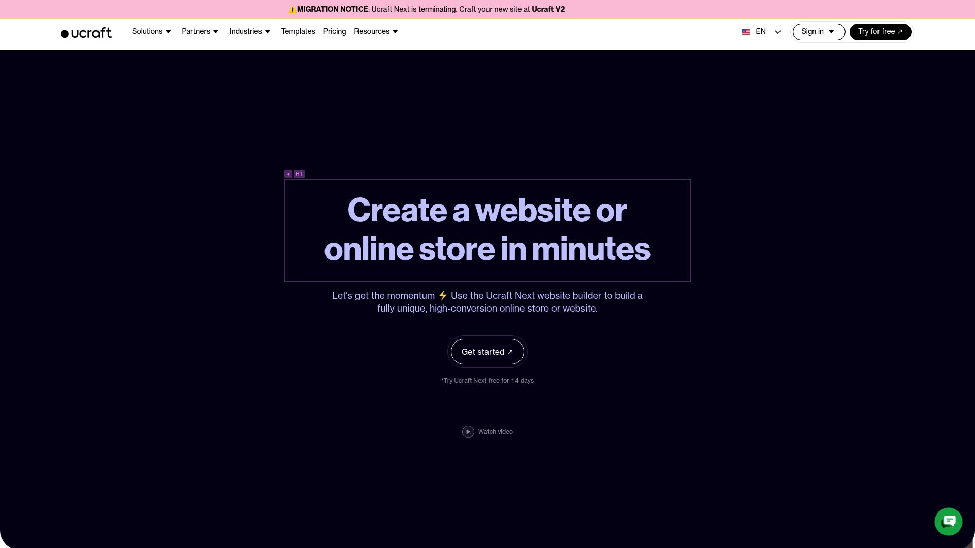 Screenshot of Ucraft homepage and builder interface