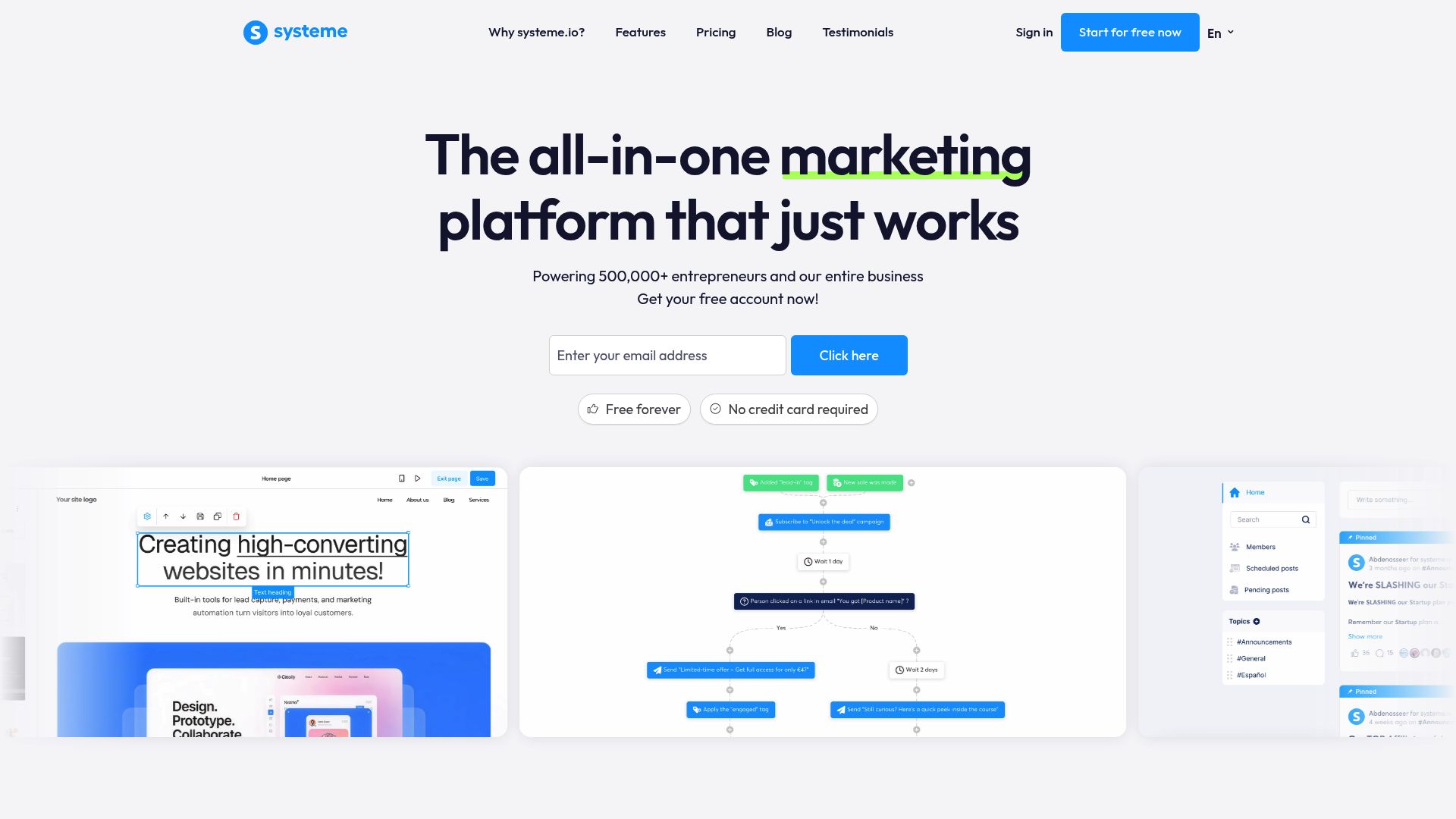 Screenshot of Systeme.io dashboard showing funnel and site settings