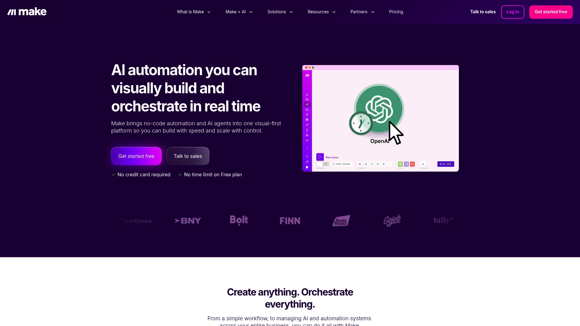 Visual workflow editor in Make showing connections between Google Sheets, Gmail, and OpenAI modules