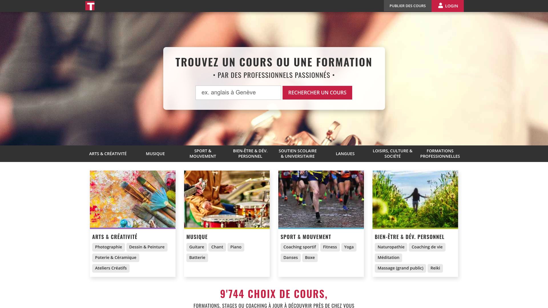 Screenshot of trouver-un-cours.ch search page showing fitness filters