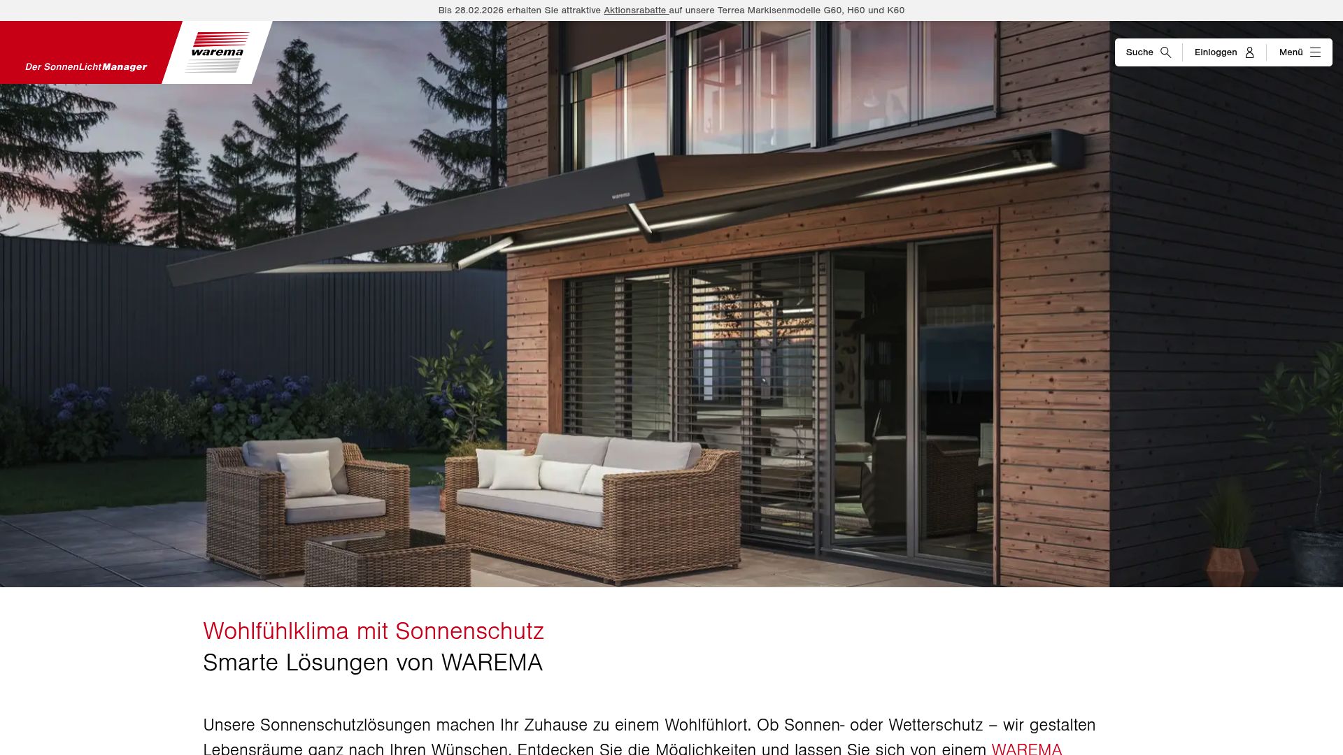 Screenshot of Warema website showing horizontal blackout blinds for skylights