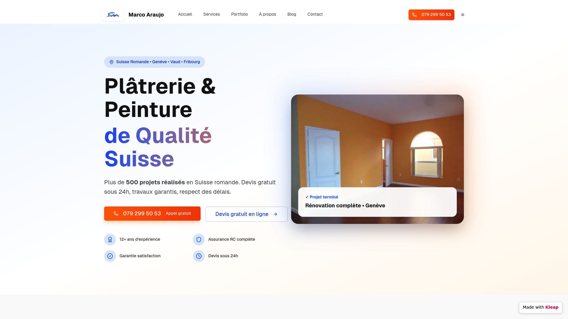 screenshot of marcoaraujo.ch services page illustrating commercial painting offer
