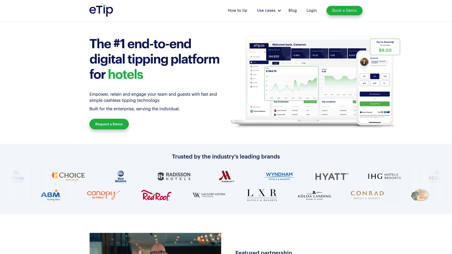 screenshot of etip.io homepage showing digital tipping solutions