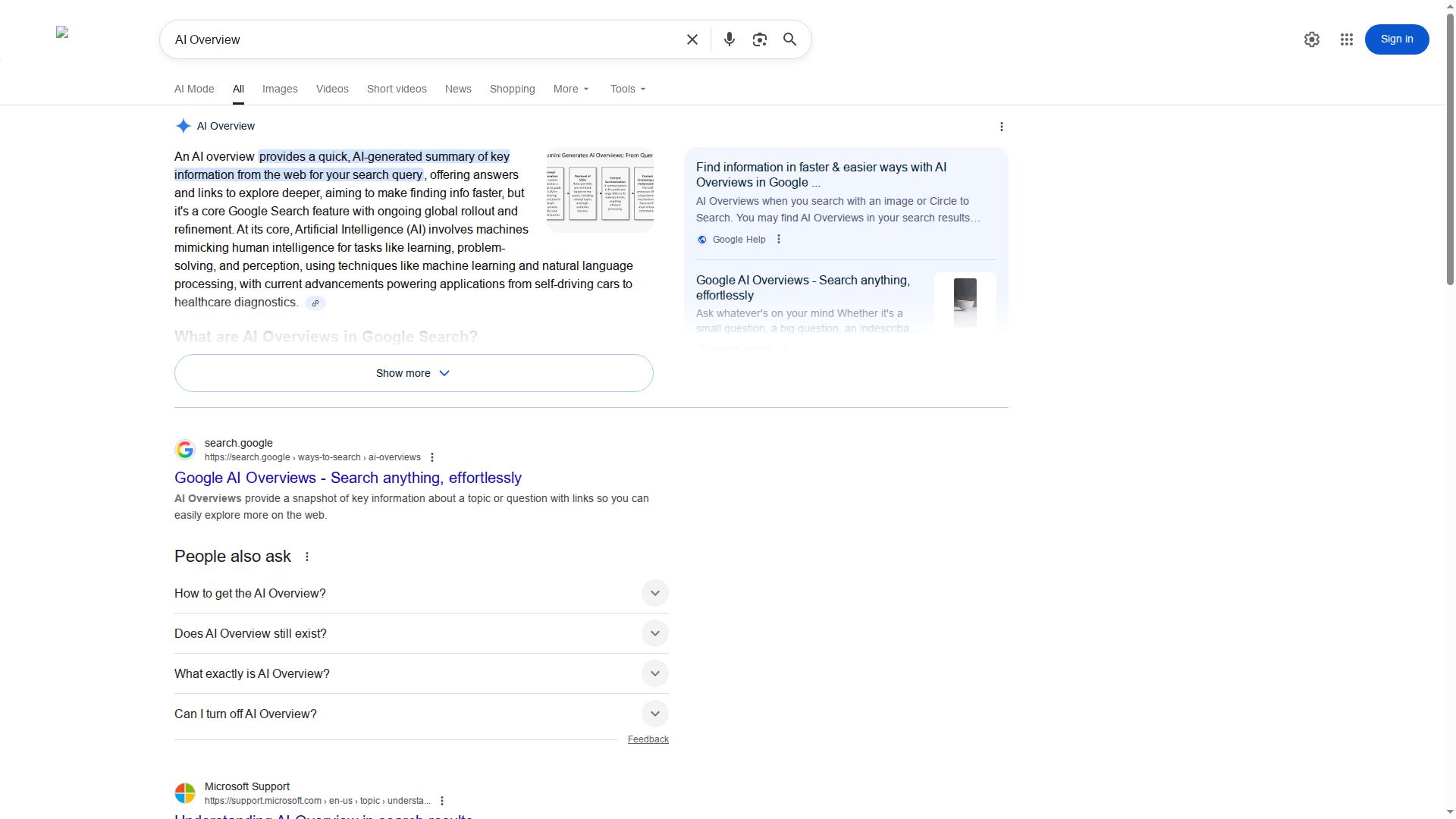 Screenshot of a Google Search Result page showing an AI Overview with source citations at the top