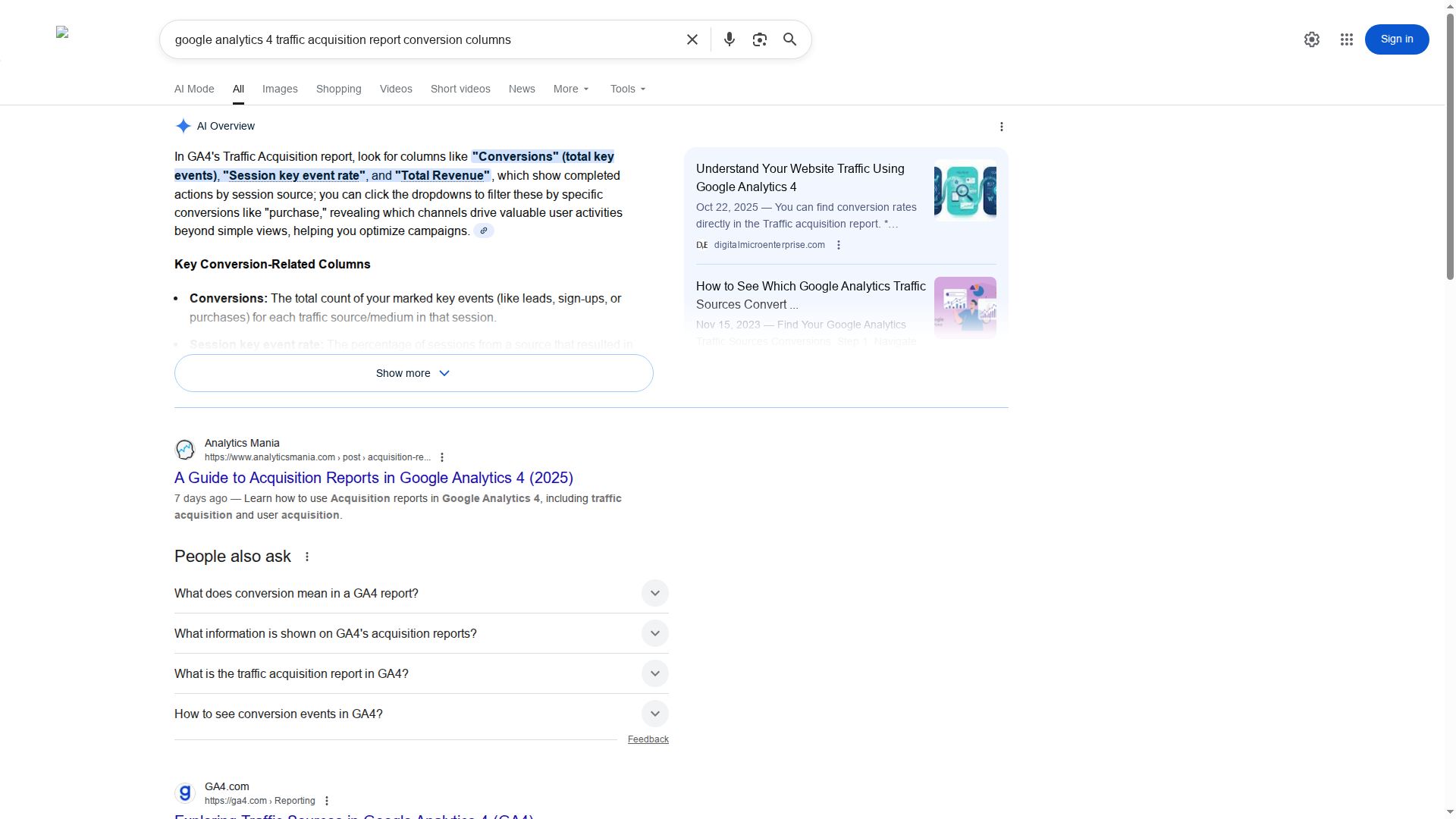 Screenshot of Google Analytics 4 showing traffic acquisition report with conversion columns highlighted