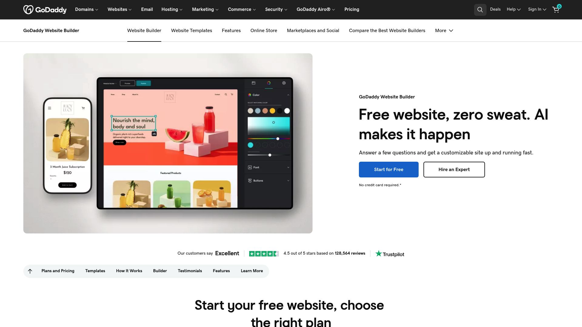 Homepage screenshot of GoDaddy website builder showing the interface