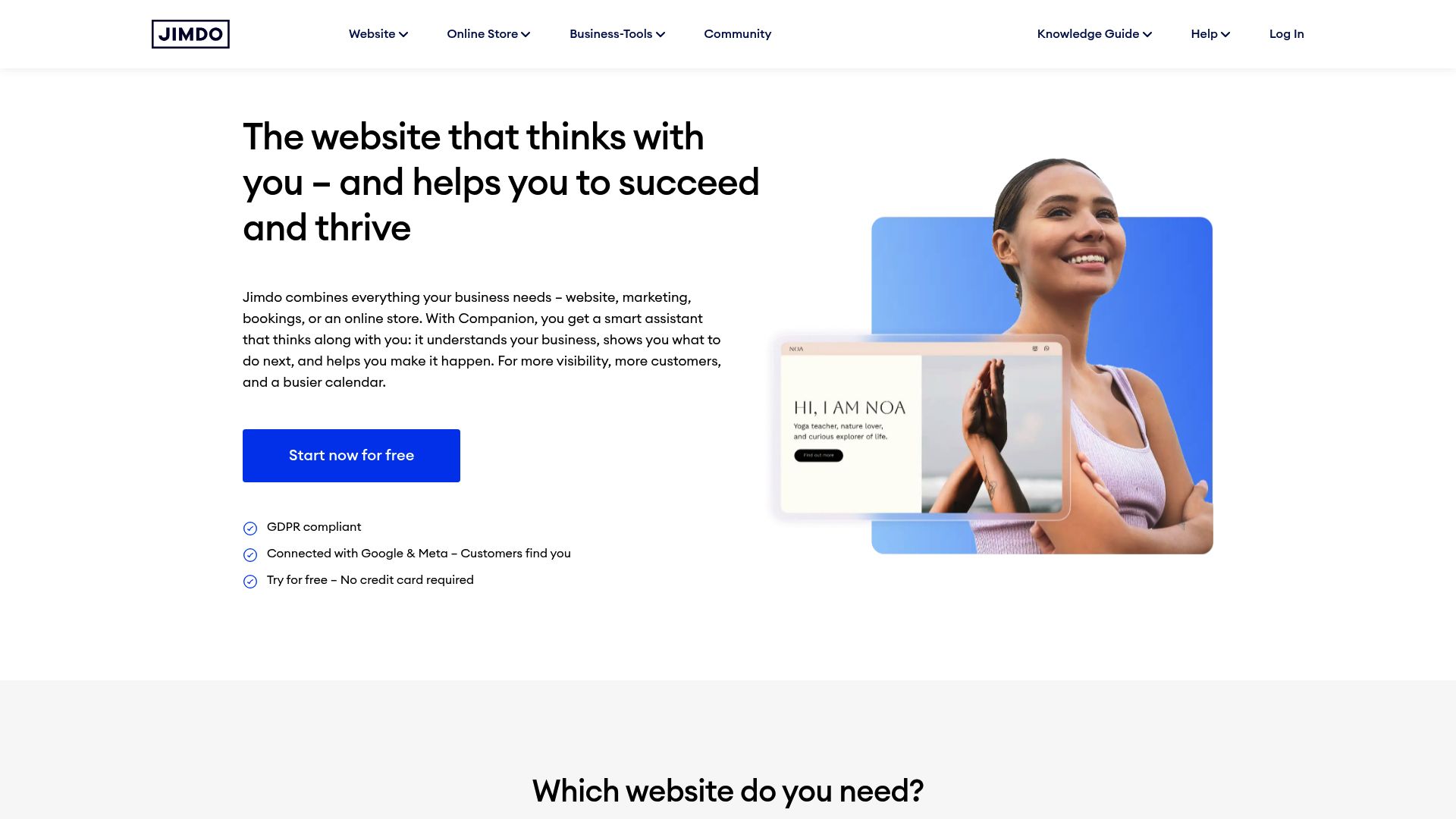 Jimdo website builder landing page showing simple and clean design aesthetics