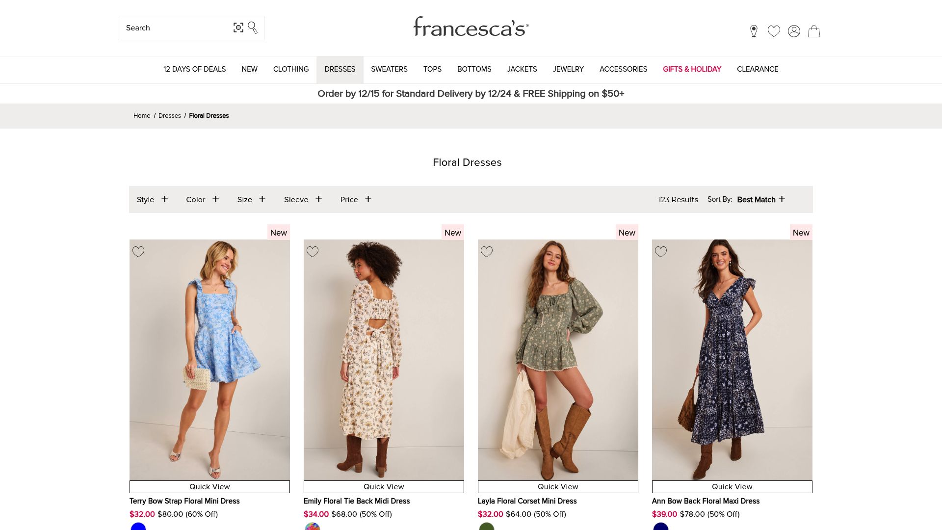 Screenshot of Francesca's floral dresses category page showing white and pastel floral maxi dresses