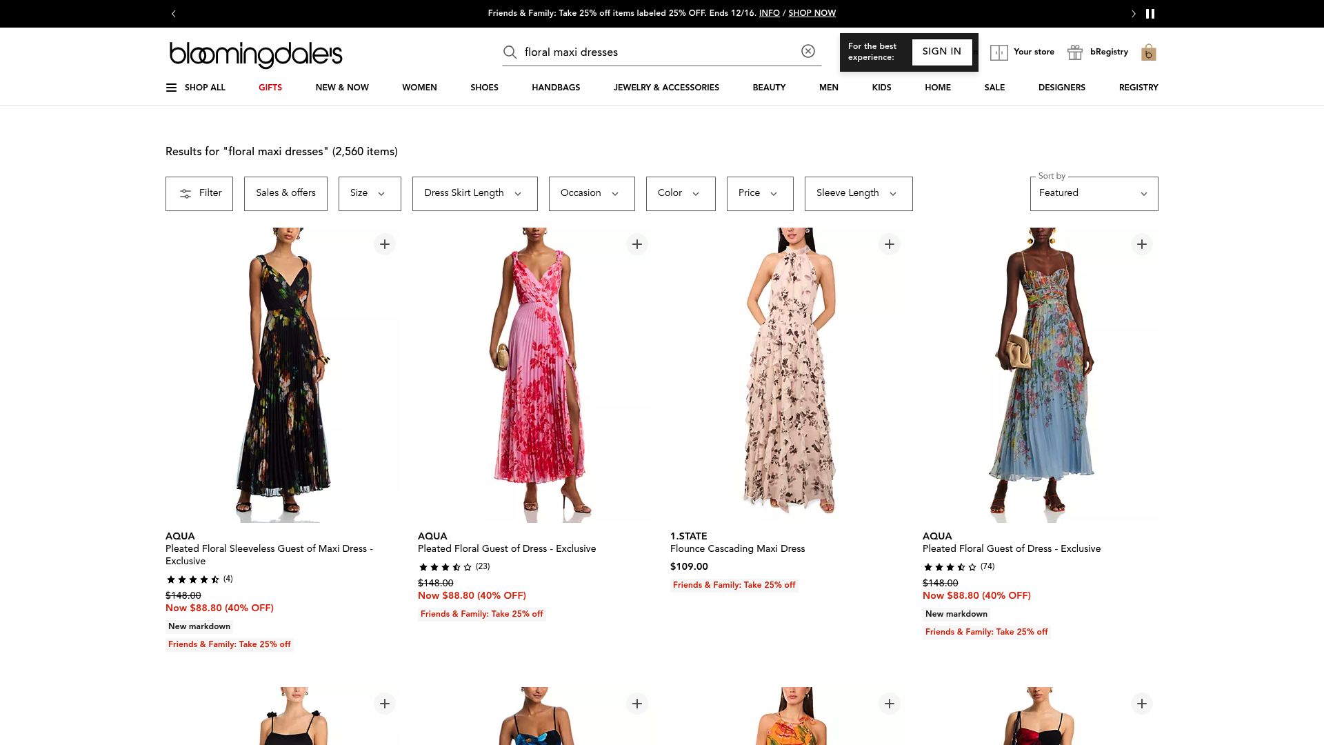 Screenshot of Bloomingdales floral maxi dresses section highlighting satin and upscale fabrics