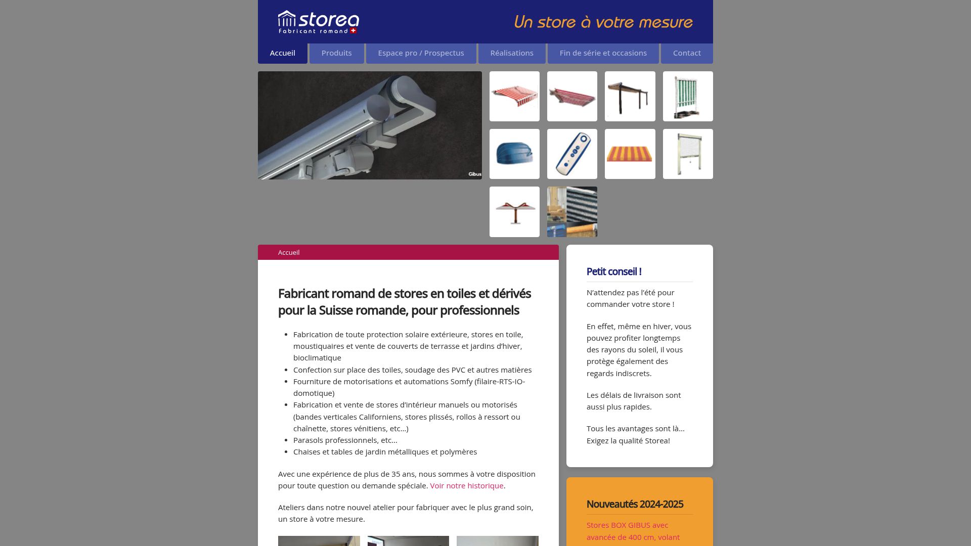 Capture d'écran de la page d'accueil du site Storea montrant leur atelier de fabrication romand