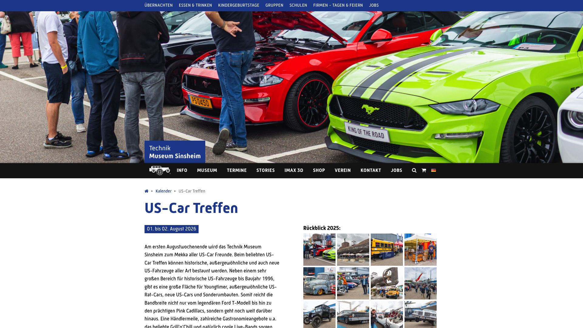 Website screenshot of Technik Museum Sinsheim US Car meeting page showing listing of event details