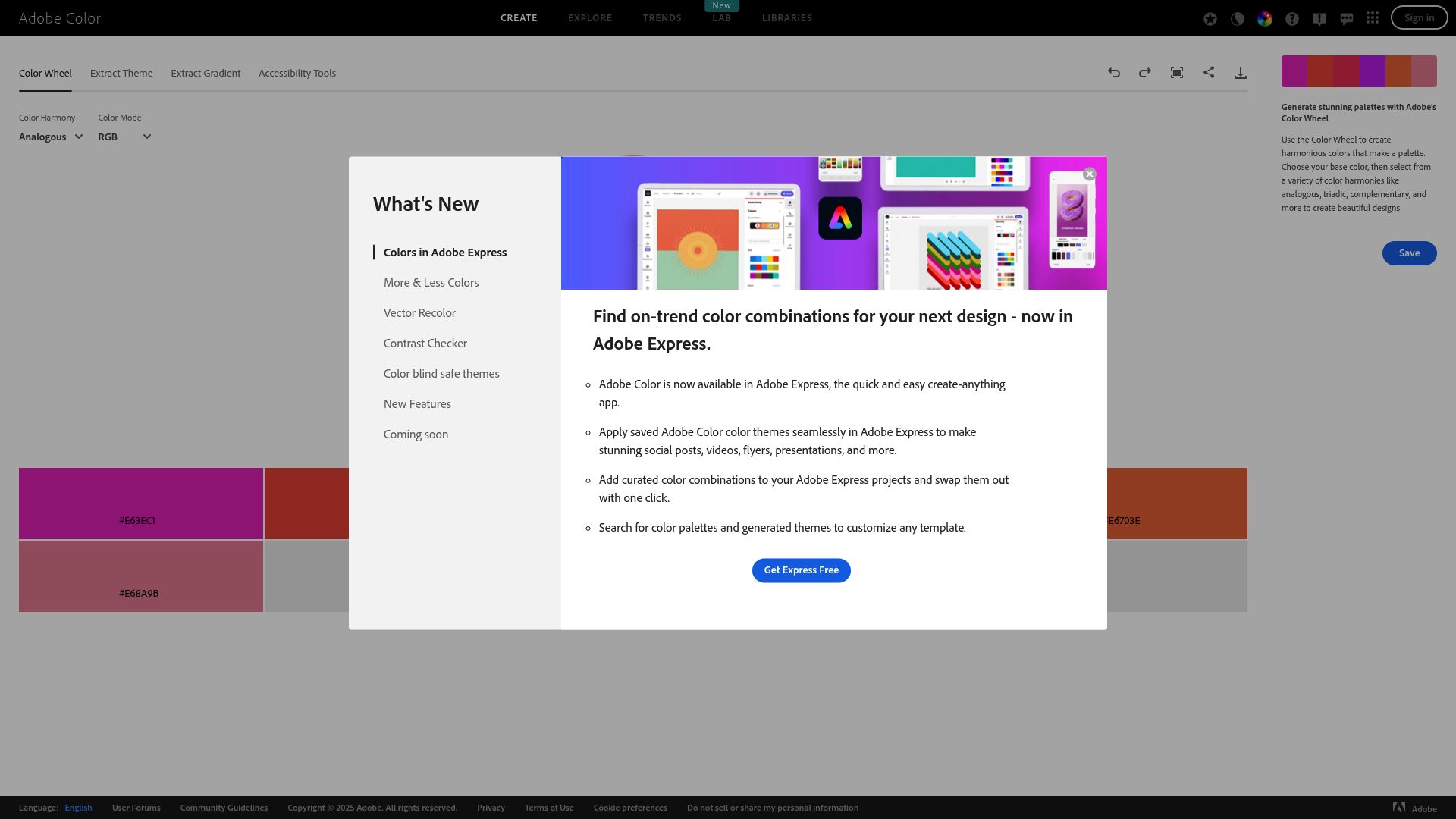 Screenshot of Adobe Color wheel tool showing a complementary color palette creation
