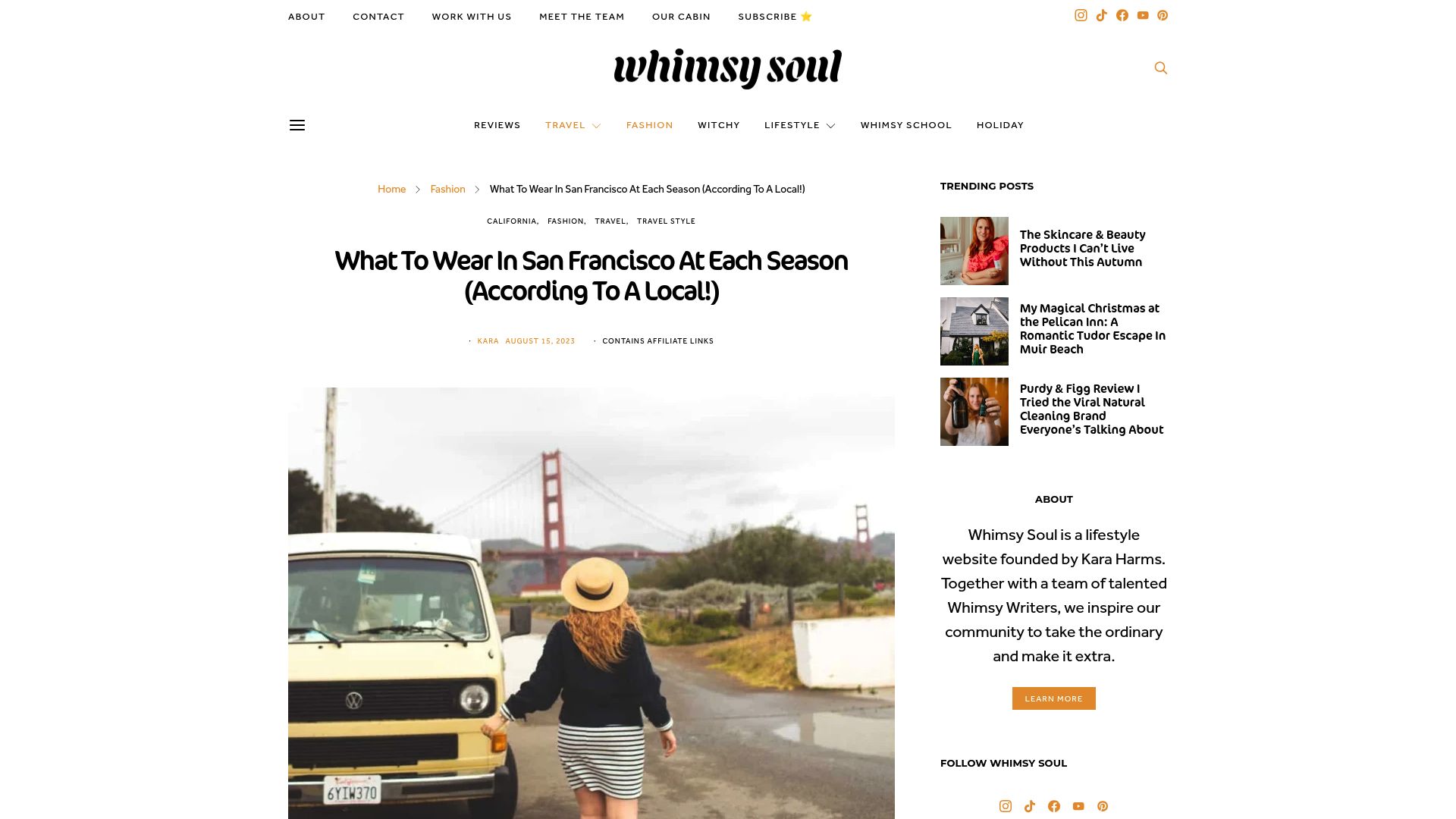 screenshot of Whimsy Soul article titled What To Wear In San Francisco showing packing list with layers