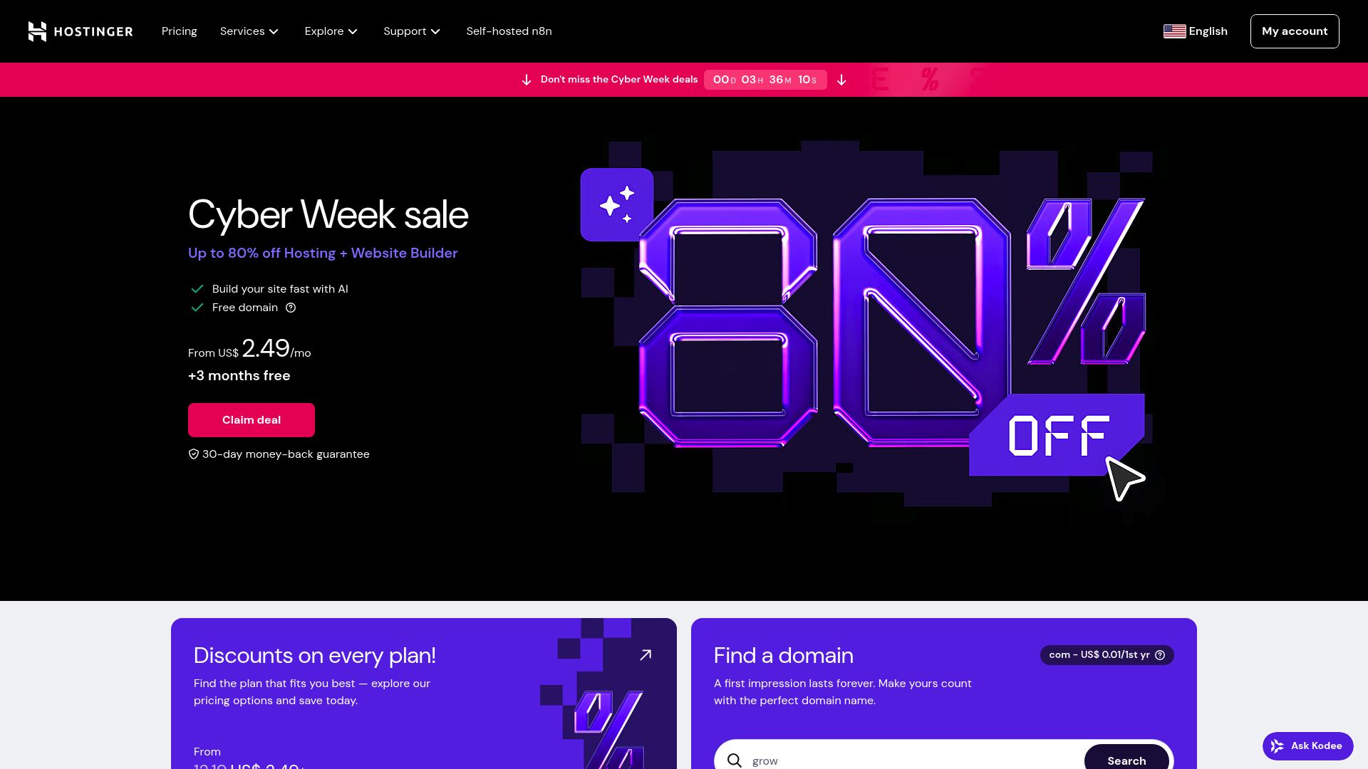 Hostinger pricing table showing the affordable monthly plans