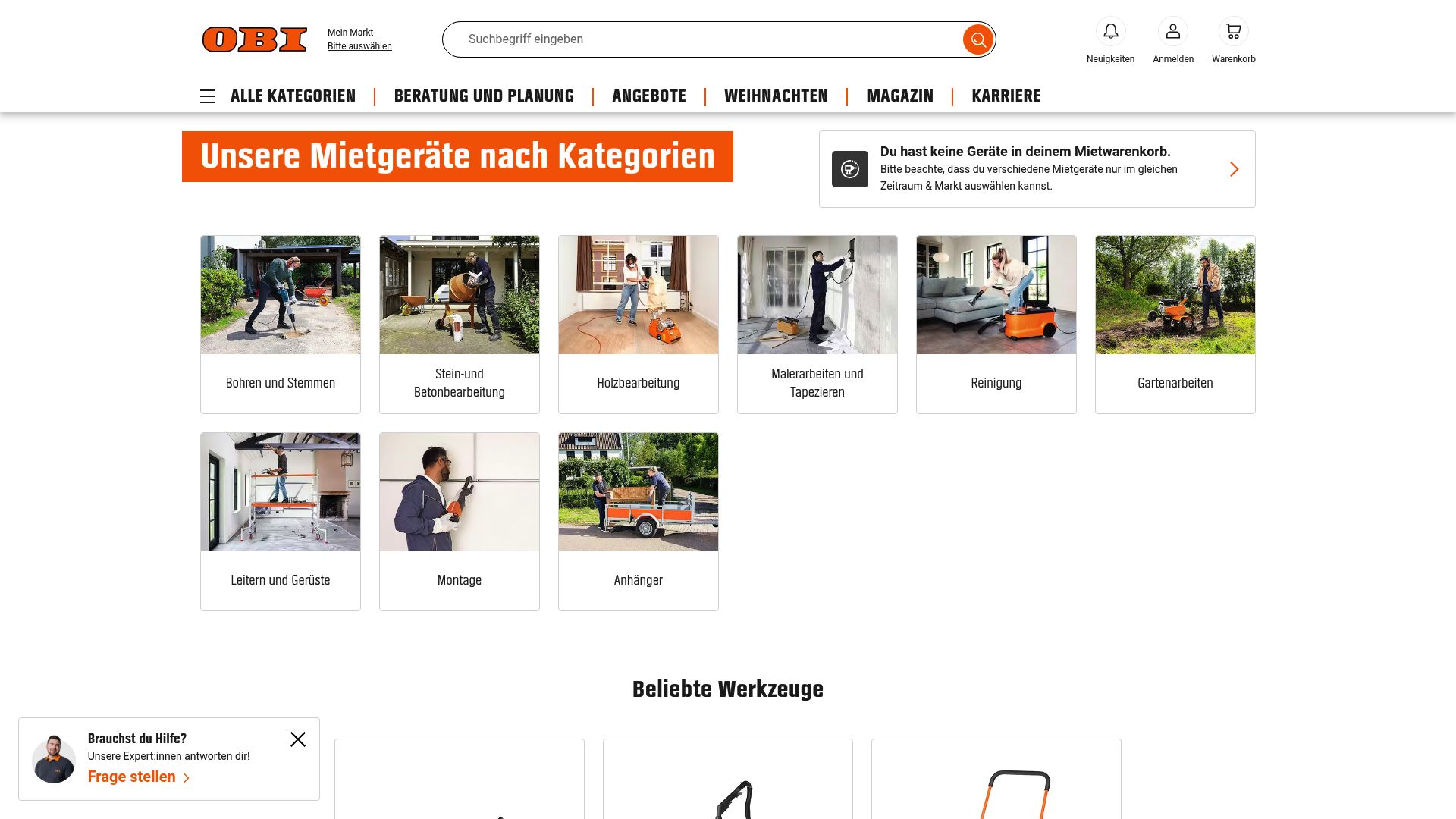 Screenshot of OBI rental page showing drill hammer pricing structure