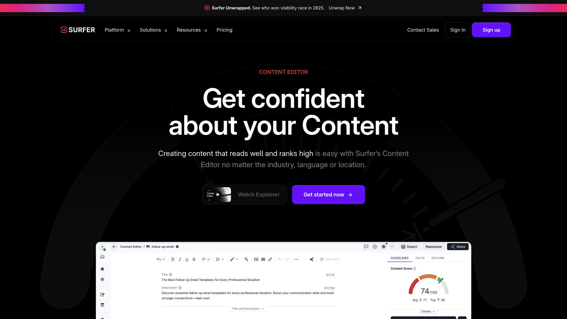 Surfer SEO content editor interface showing content score and guidelines