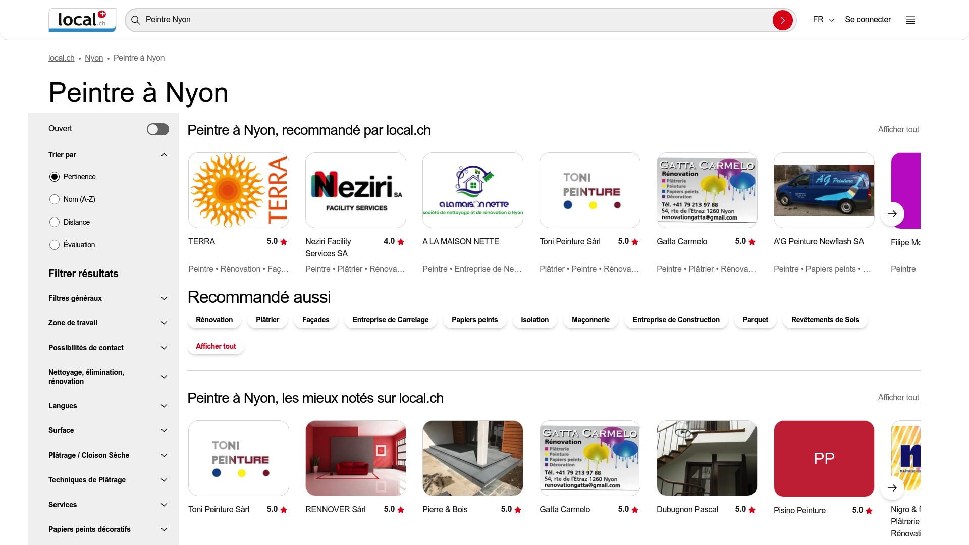 Screenshot of local.ch search results for 'Peintre Nyon' showing list of local businesses