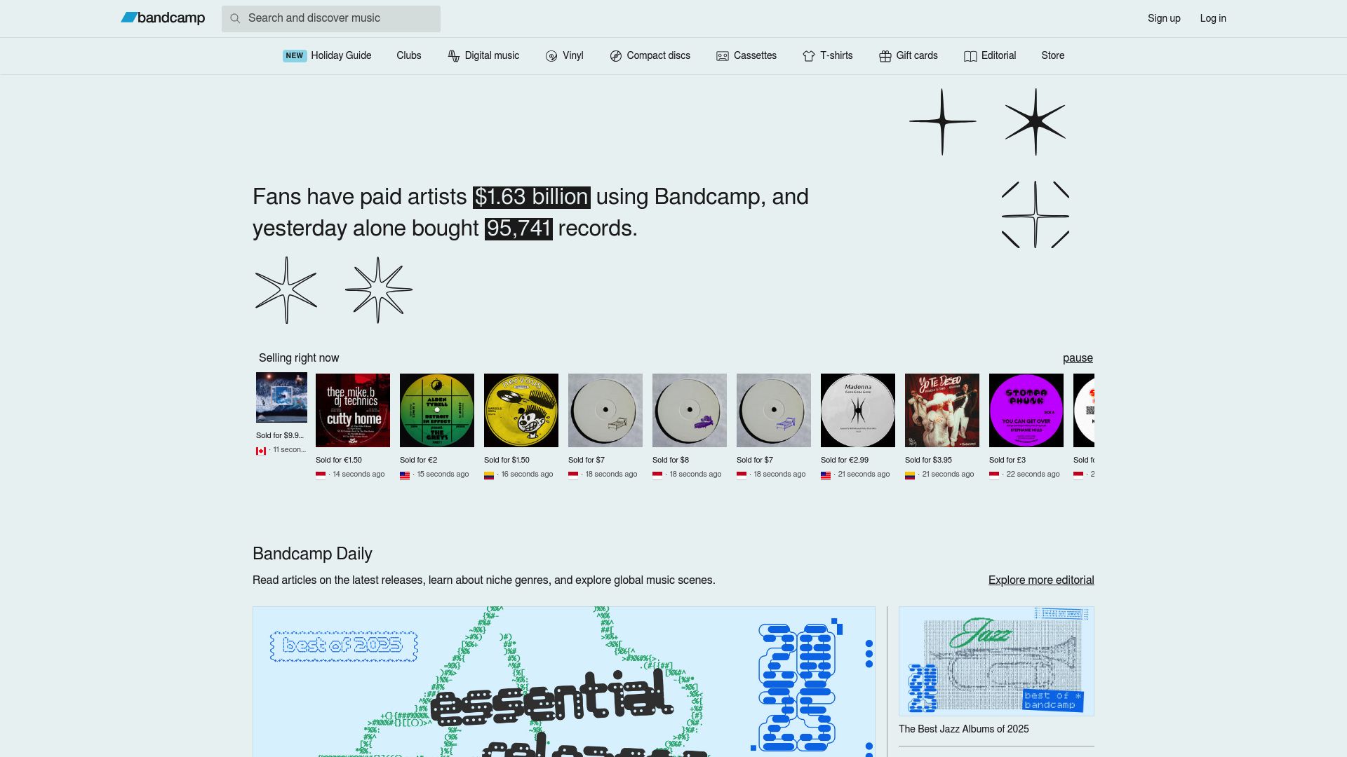 Bandcamp homepage featuring new and notable albums