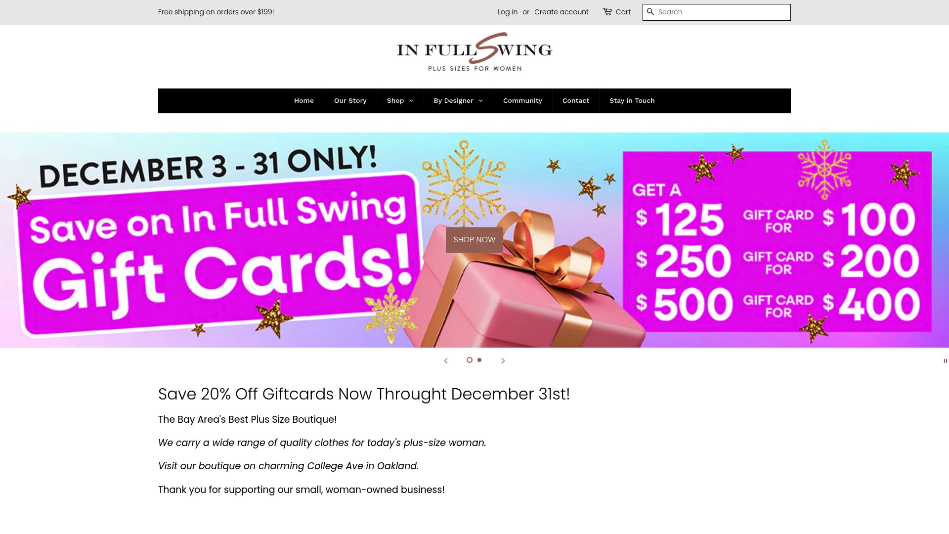 capture d'écran de l'accueil du site In Full Swing montrant des mannequins grande taille élégants