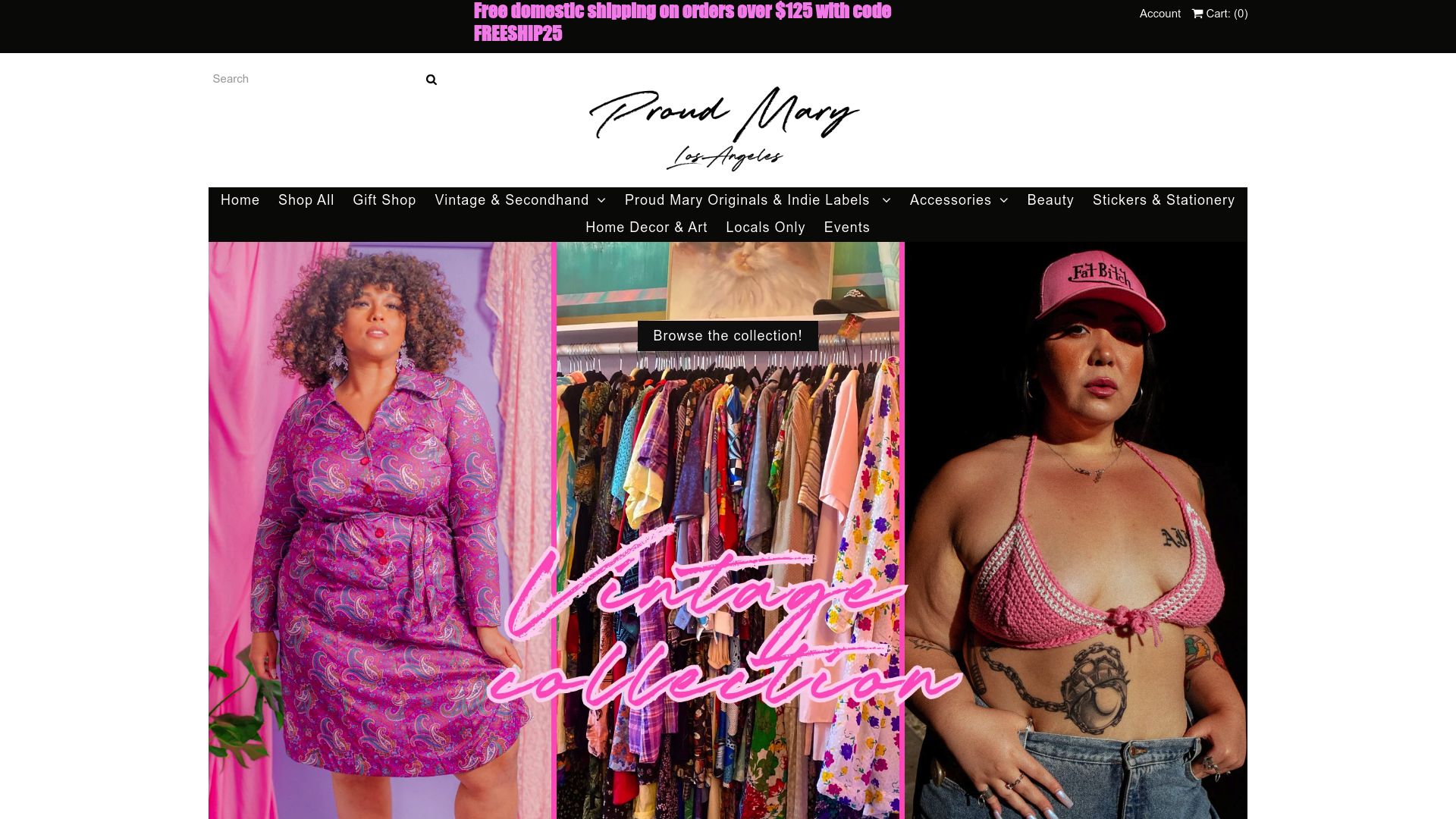 capture d'écran de la page d'accueil de Proud Mary Fashion avec des vêtements colorés et vintage