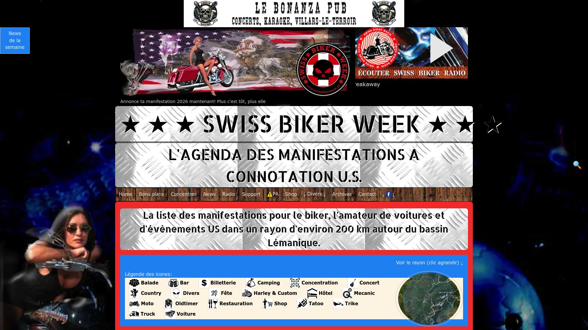 Capture d'écran de l'agenda ou de la page d'accueil du site swissbikerweek montrant les événements moto