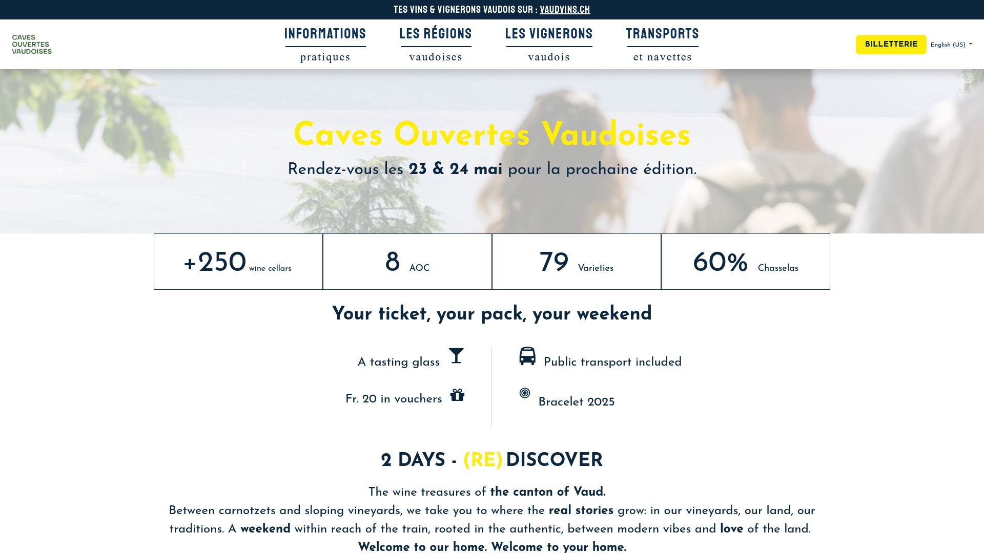 Site web mescavesouvertes.ch montrant la page d'achat des billets et la carte interactive des vignerons