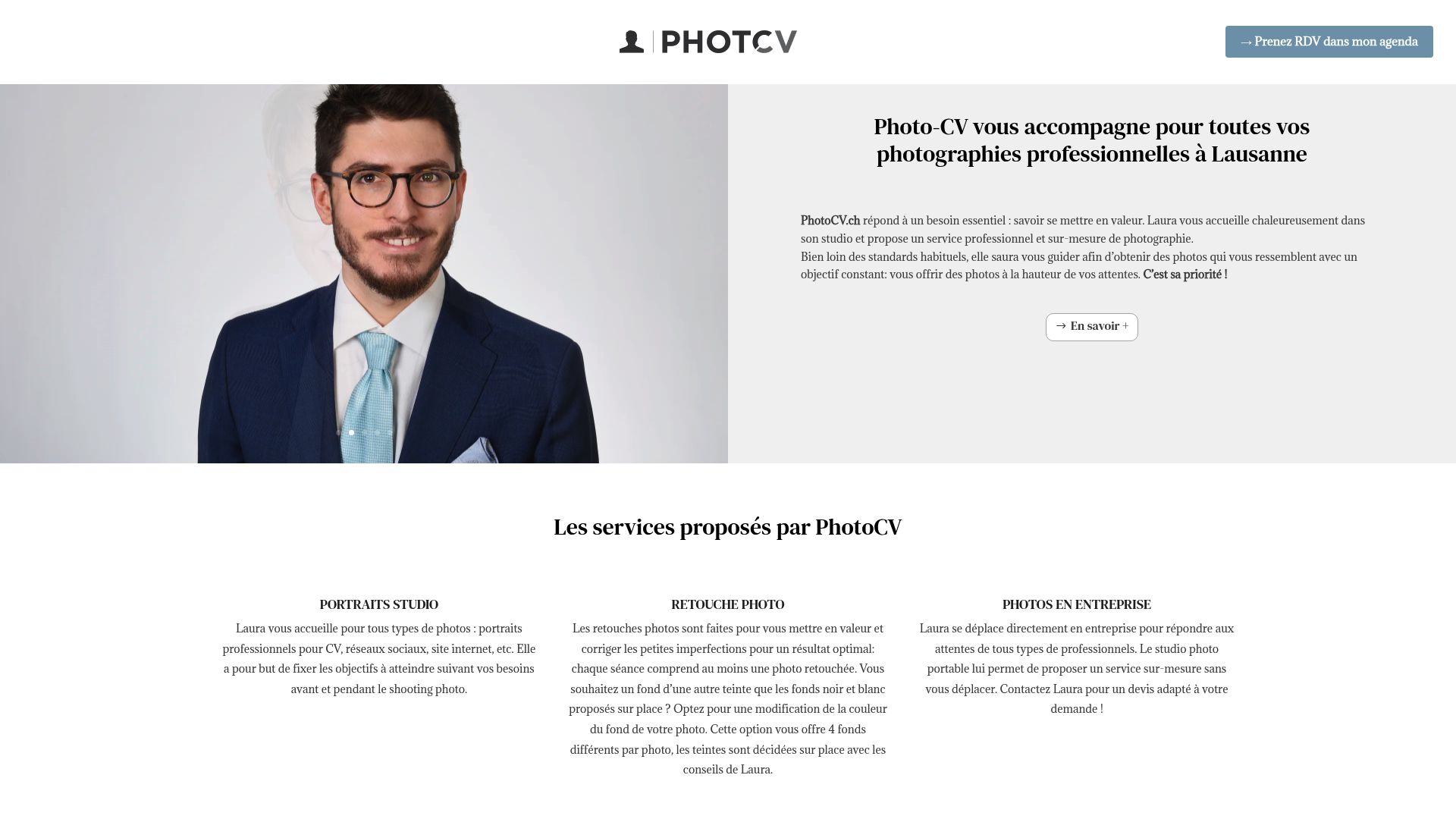 Screenshot of PhotoCV homepage showing professional headshots services