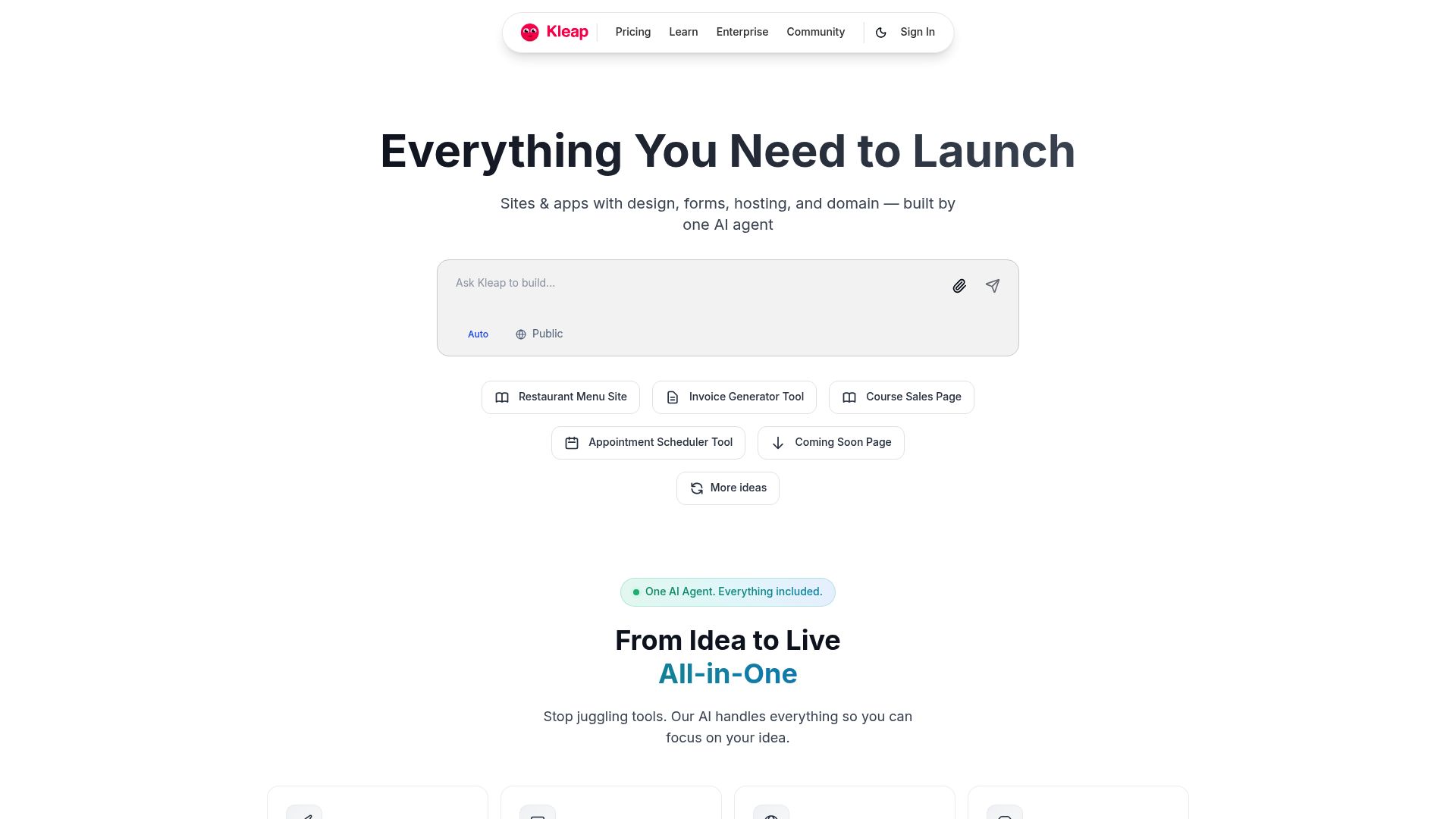 screenshot of Kleap.co editor interface showing the AI generation prompt box