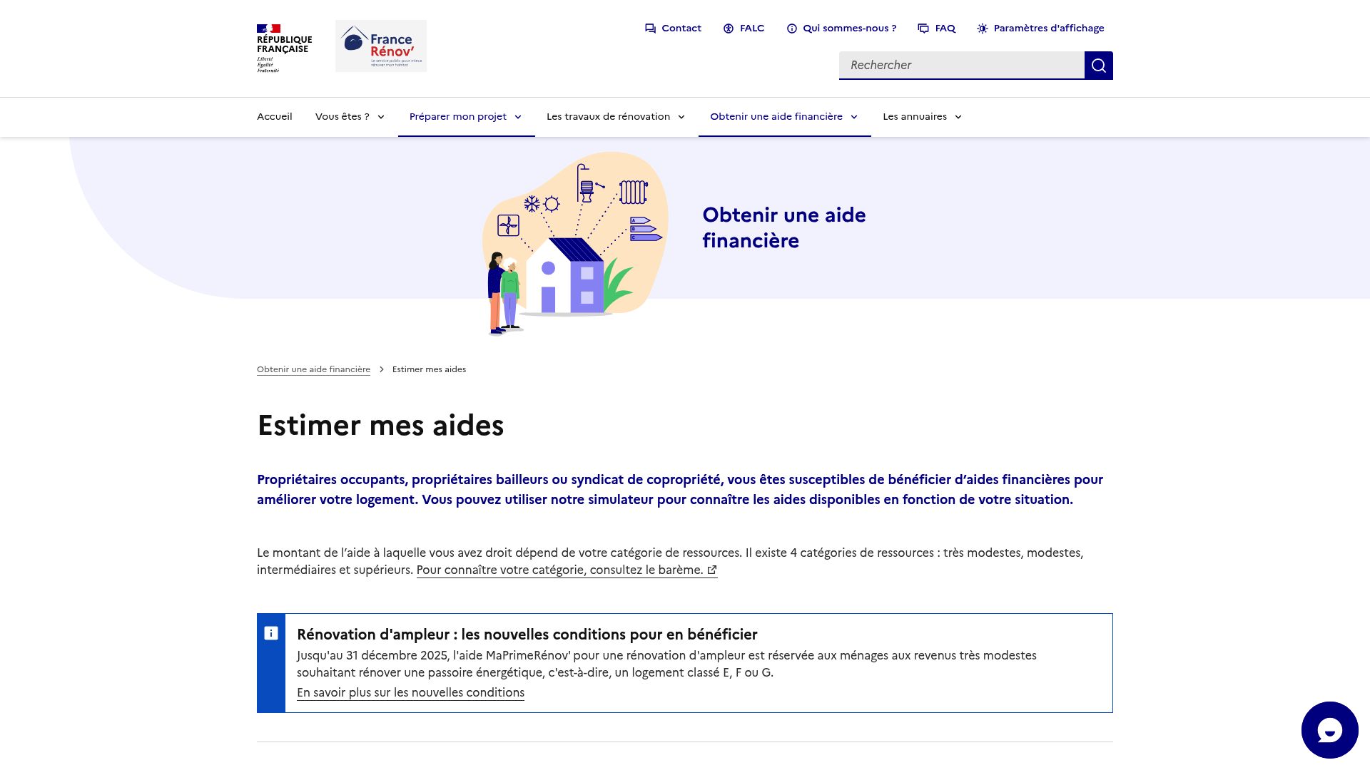 Screenshot of the official France Renov simulation tool showing input fields for income and renovation type