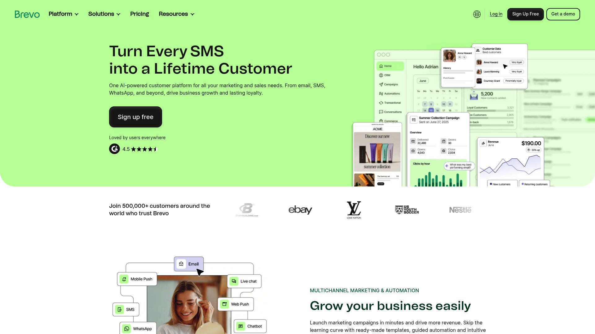 Screenshot of Brevo website displaying email campaign builder and automation workflow visually