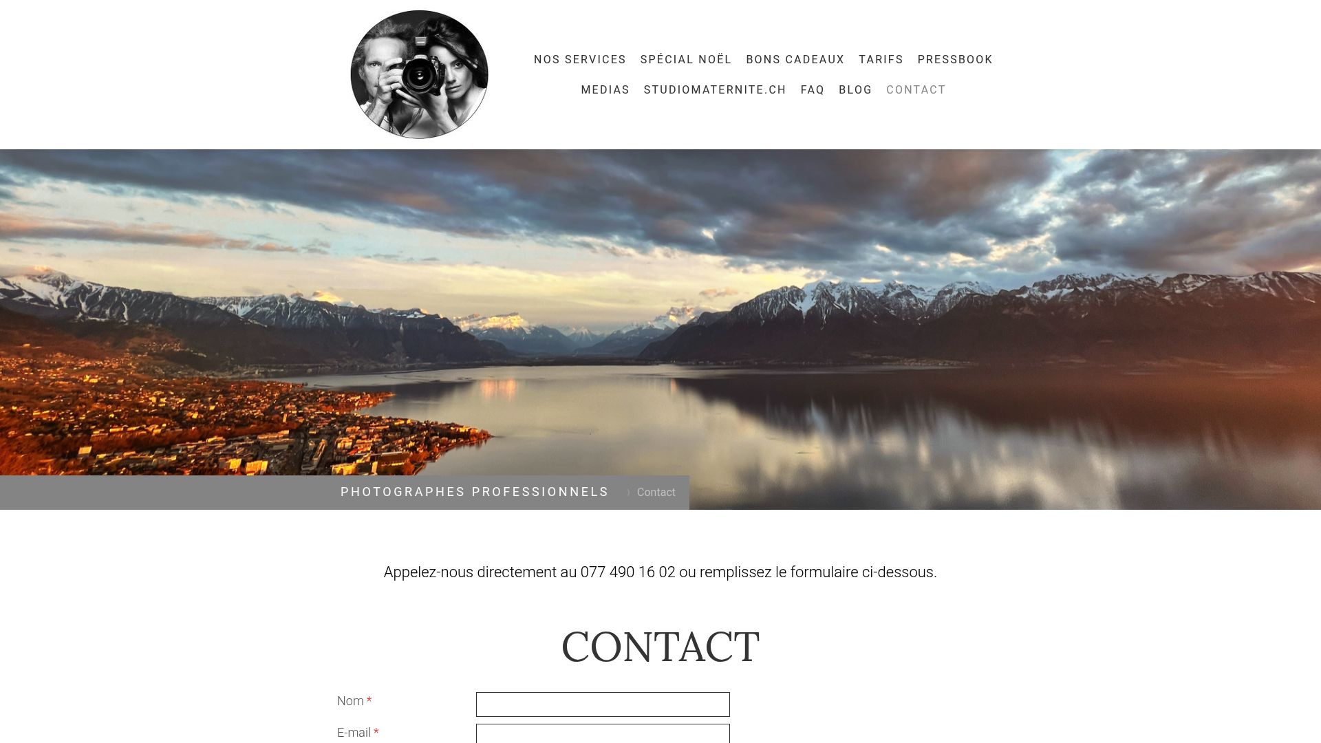 Partial screenshot of photopros.ch contact page showing the address in Chexbres and map location