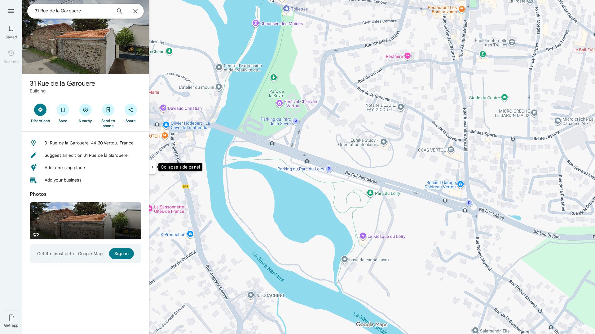 screenshot of google maps showing the location of 31 rue de la Garouère Vertou