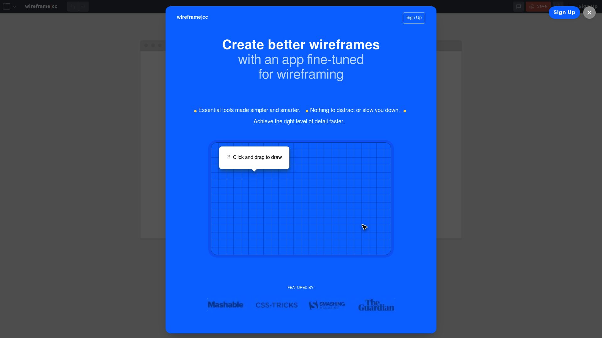 Screenshot of a wireframing tool interface showing the structure of a homepage without design elements