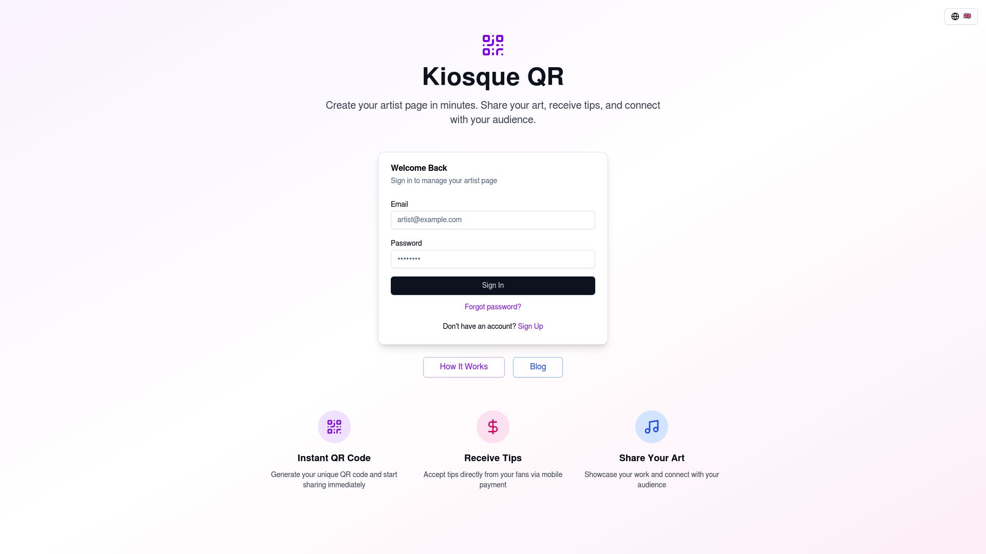 Screenshot of the Kiosque QR homepage showing the 'Create your artist page' button and phone mockup.