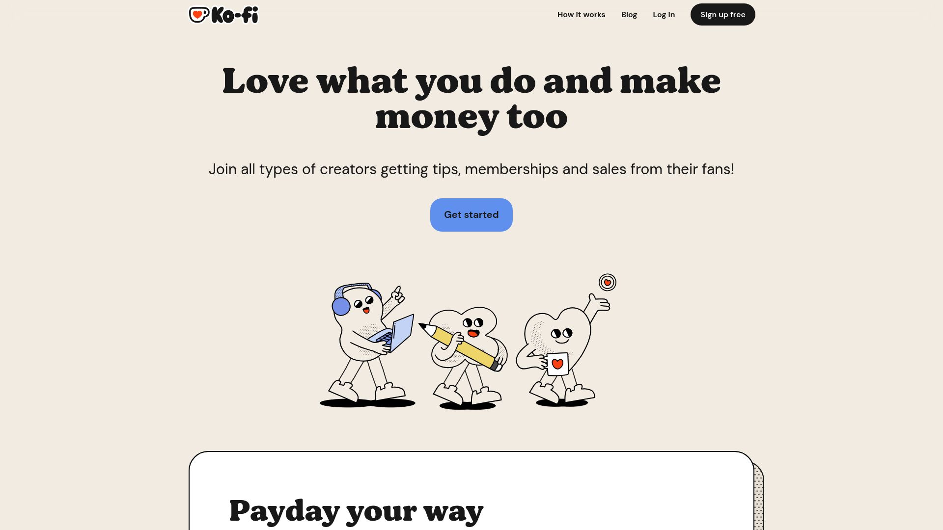 Screenshot of the Ko-fi homepage featuring the 'Buy a Coffee for...' slogan and creative interface.