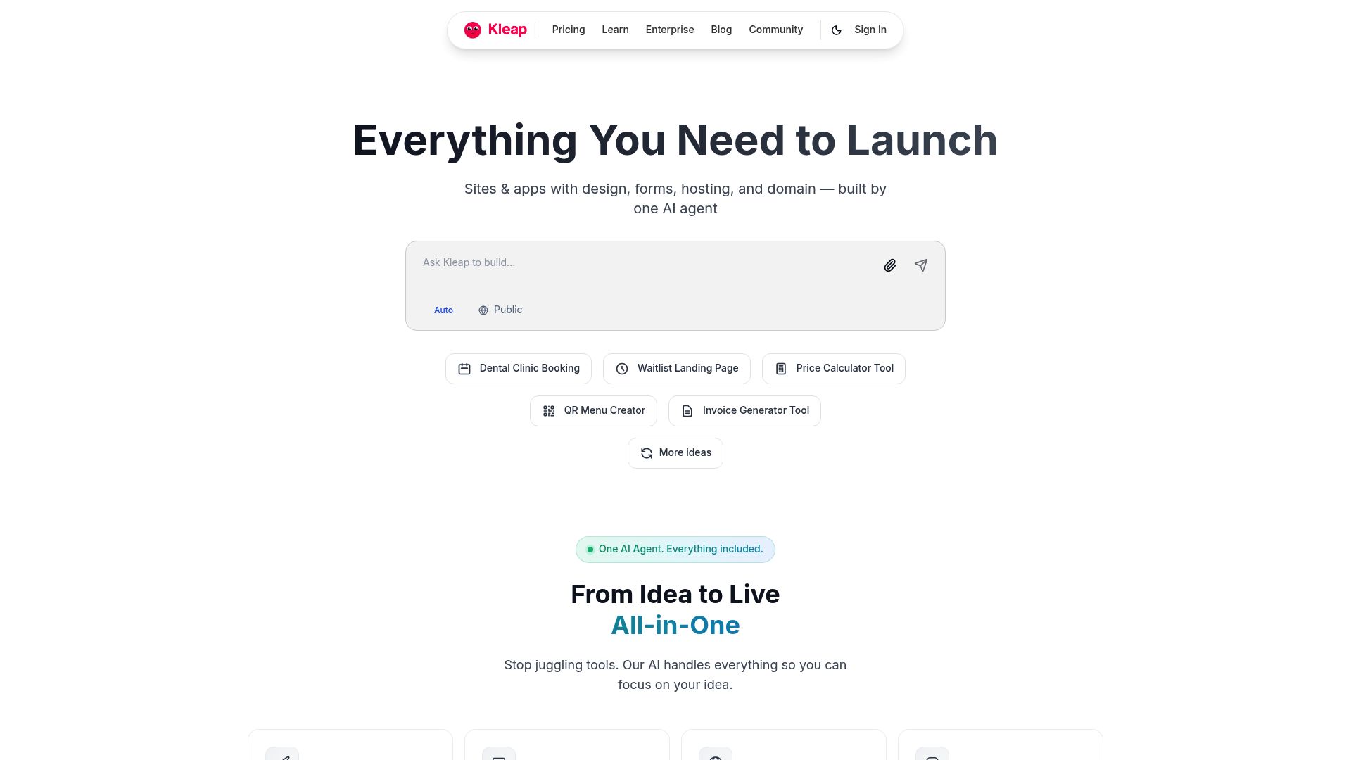 Screenshot of Kleap mobile interface creating a website