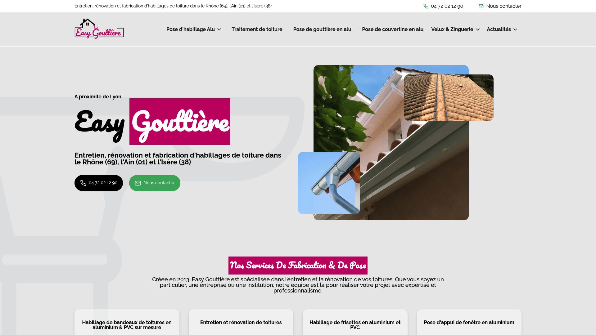 Screenshot of the website easygouttiere.fr showing specific details about traditional zinc works and gutters