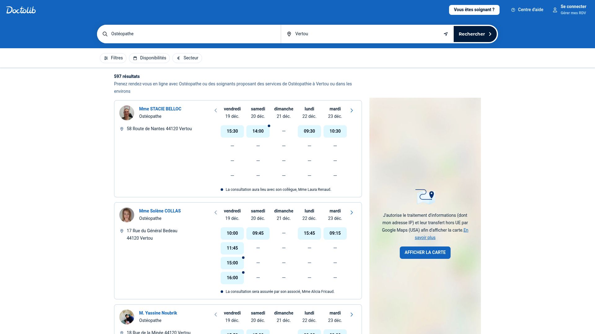 Screenshot of Doctolib search results showing osteopaths in Vertou and transport options