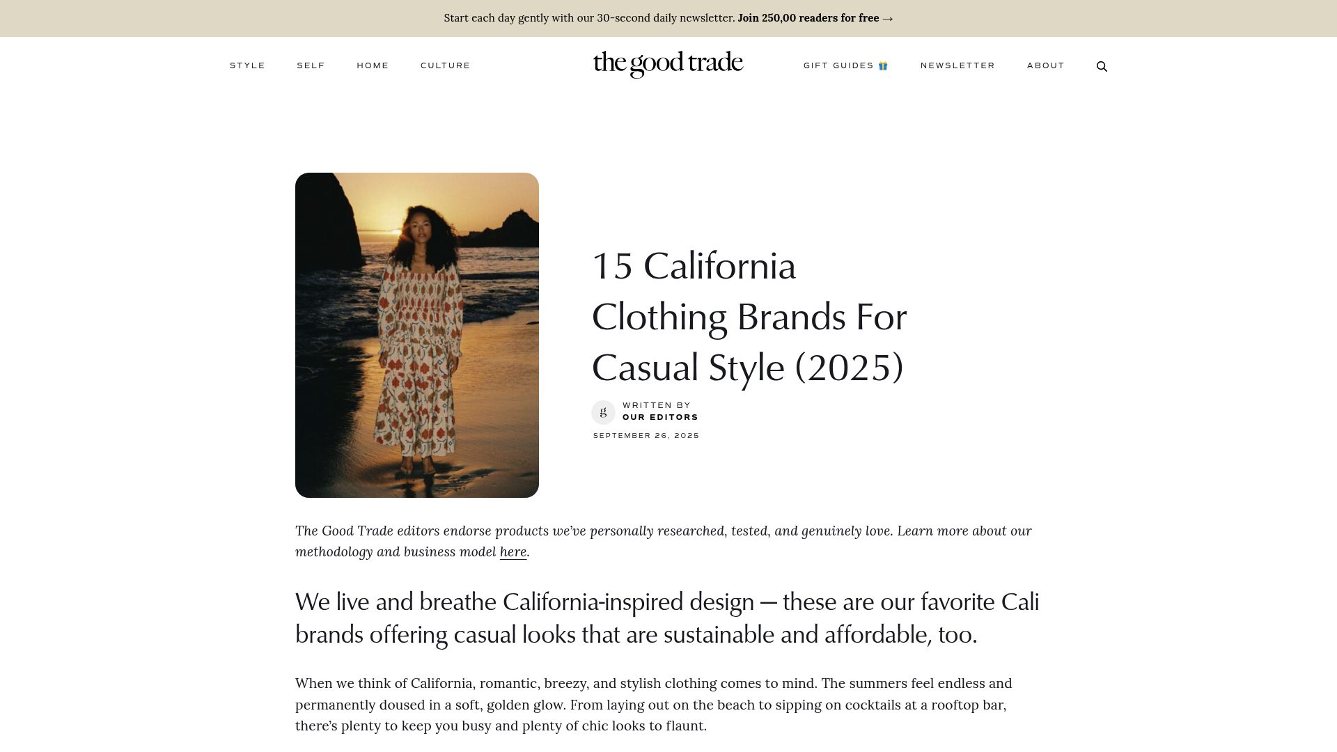 Screenshot of The Good Trade website showing their article on California Chic Fashion to illustrate sourcing