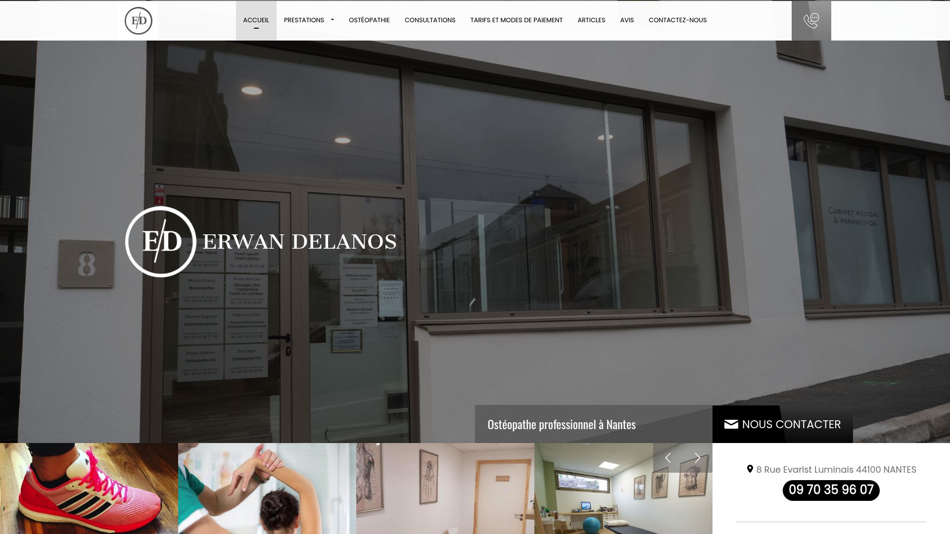 Screenshot of Delanos Osteopathe website showing the list of services including osteopathy types
