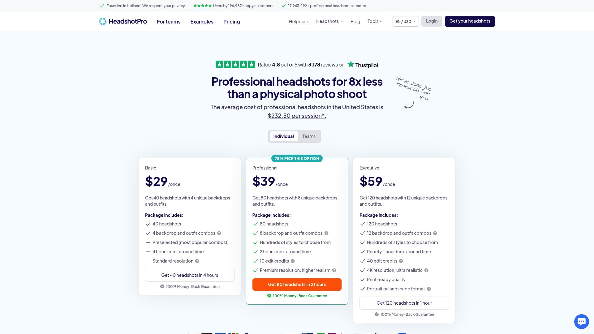 Screenshot of HeadshotPro pricing or similar professional photography service page showing varying tiers of service for corporate clients