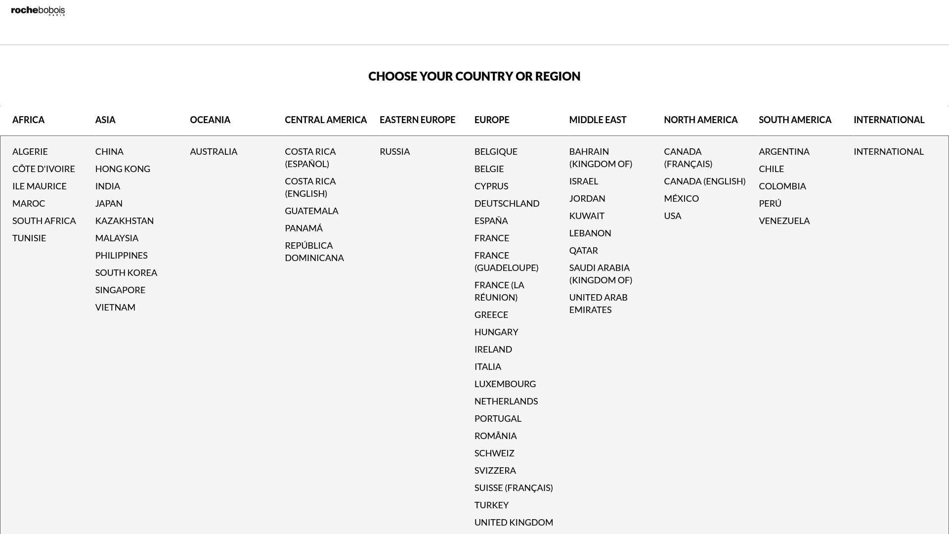 Screenshot of Roche Bobois 3D visualization tool interface showing a living room layout